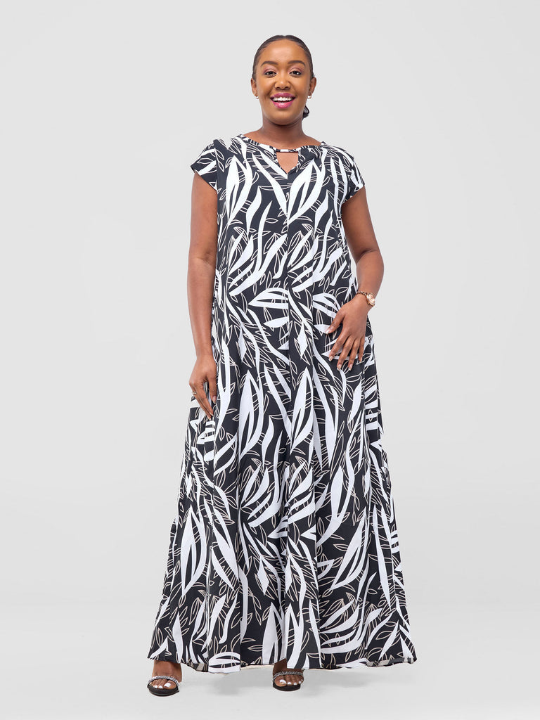 Vivo Sakari Cap Sleeve Maxi Dress - Black / Grey Print