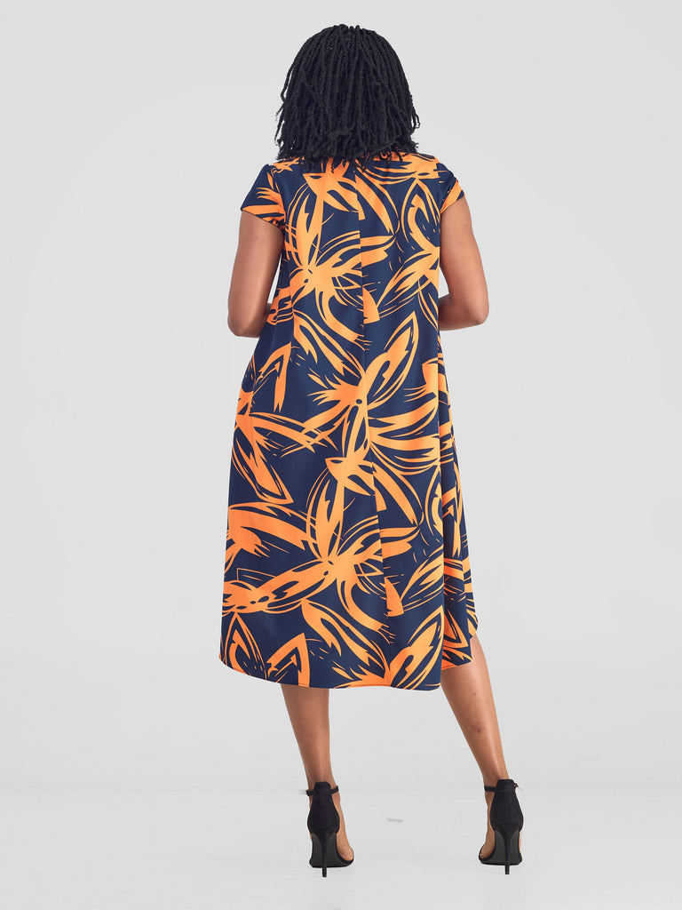 Vivo Jema High Low Tent Dress - Navy / Orange Print