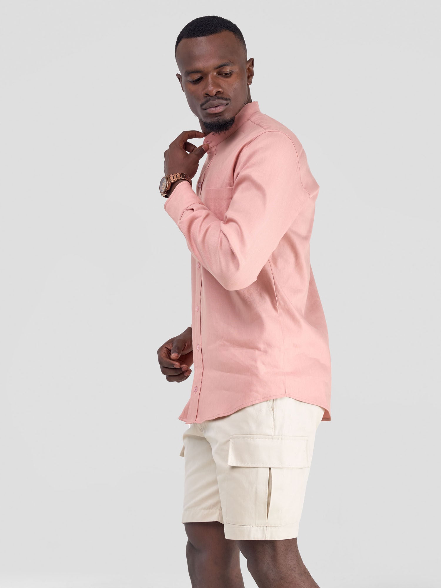 Safari Men's Chinese Collar Long Sleeve Shirt - Coral