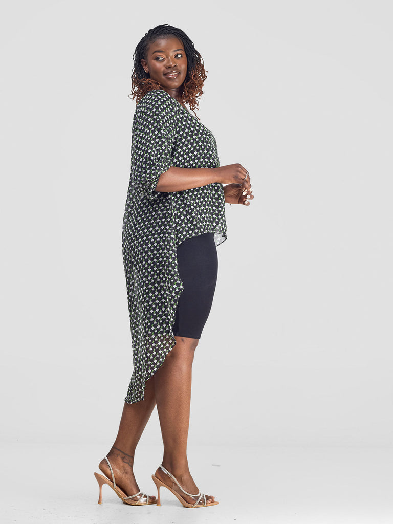 Vivo Basic Nalia High low Chiffon Top Black Green Print Vivo Fashion Group Kenya