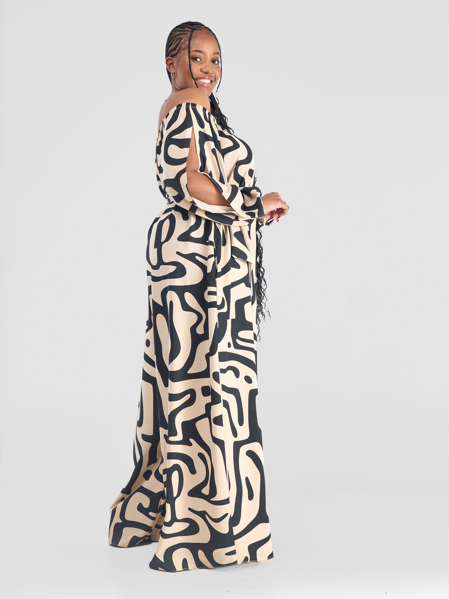 Vivo Yumi Off Shoulder Jumpsuit  - Beige / Black Tamra Print