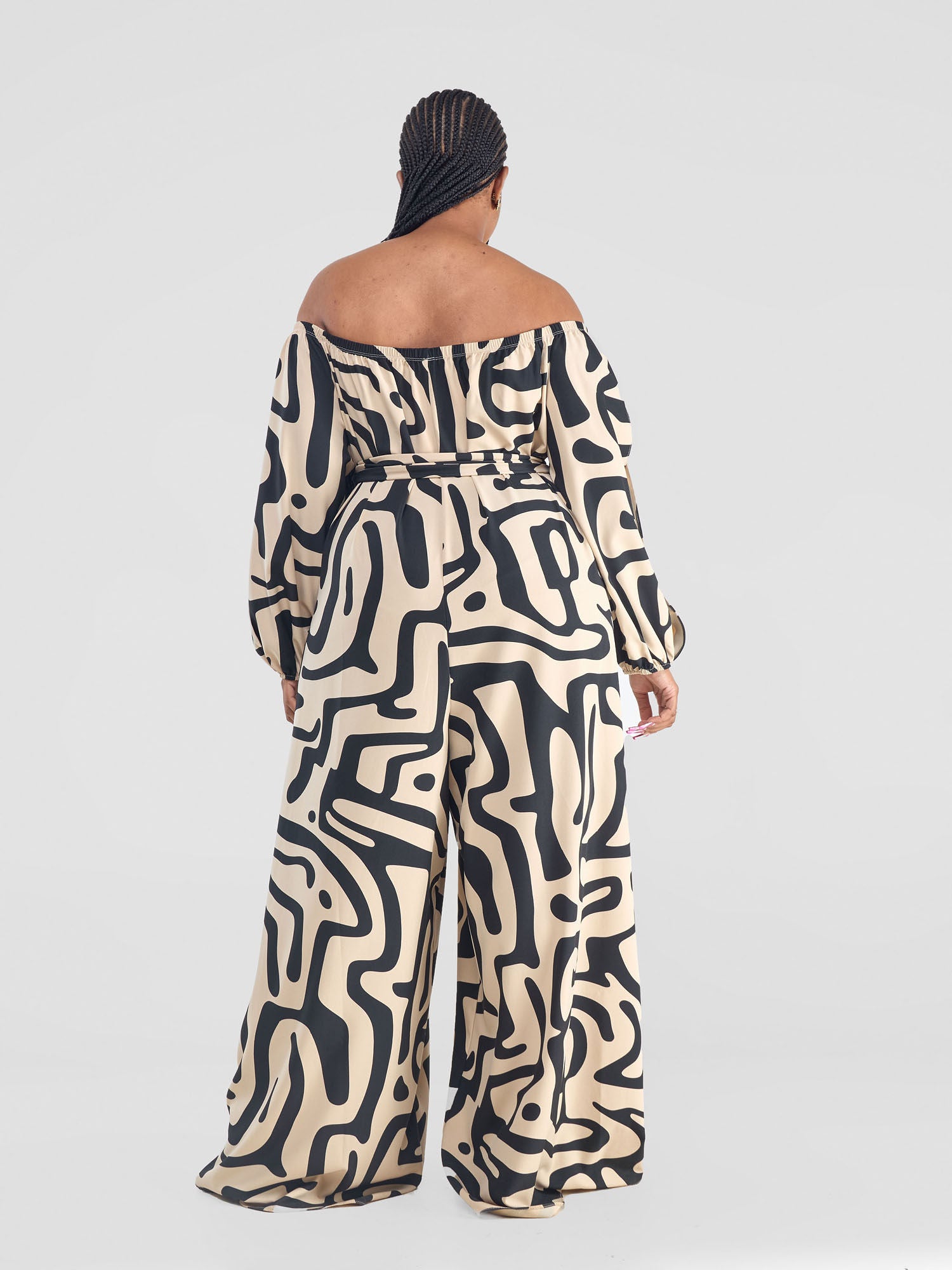 Vivo Yumi Off Shoulder Jumpsuit  - Beige / Black Tamra Print