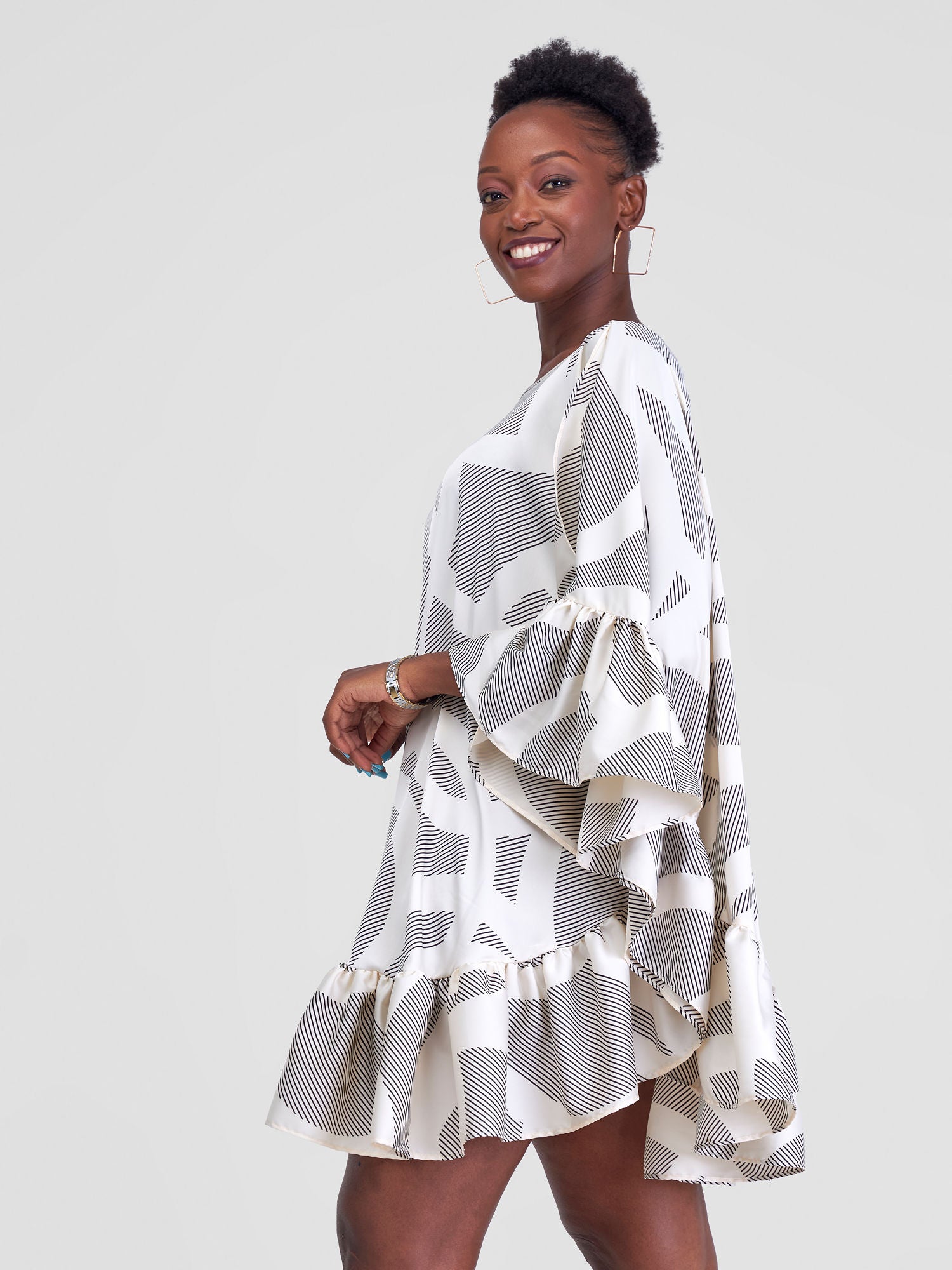 Vivo Malindi Tunic Dress With Frills - Cream / Black Print