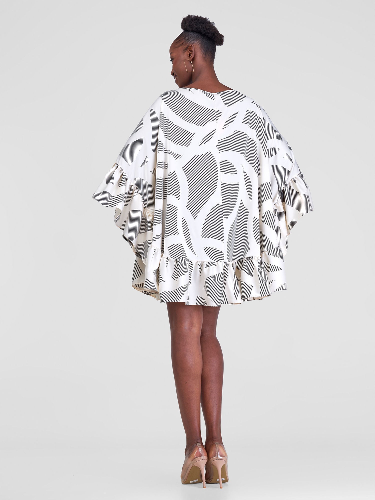 Vivo Malindi Tunic Dress With Frills - Cream / Black Print