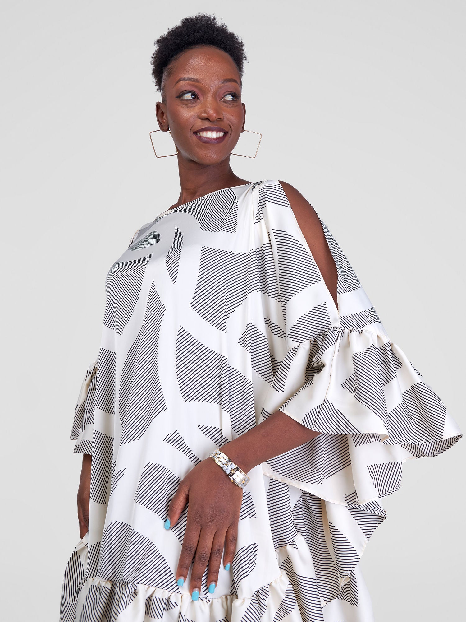 Vivo Malindi Tunic Dress With Frills - Cream / Black Print