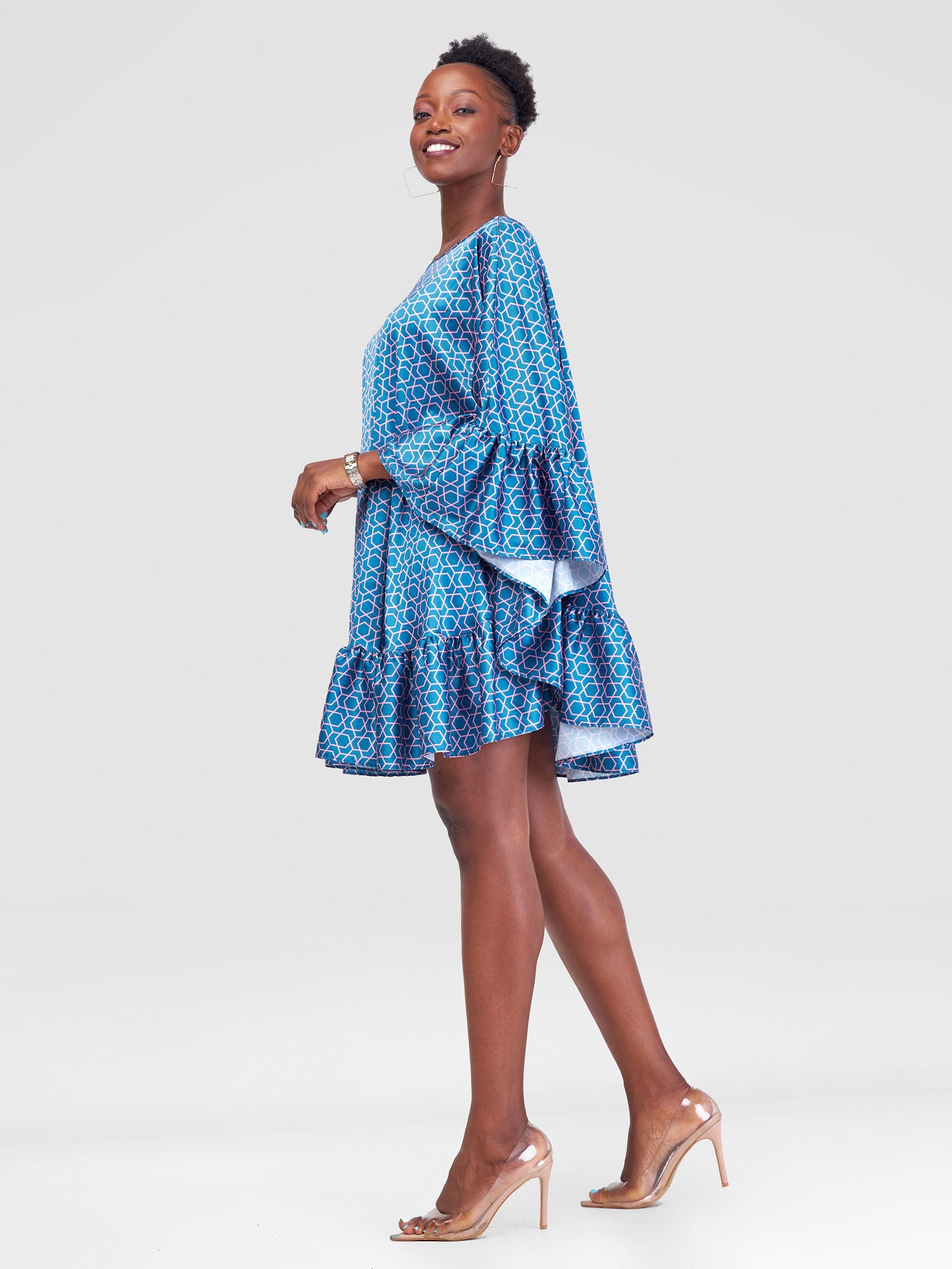 Vivo Malindi Tunic Dress With Frills - Teal / Pink Duku Print