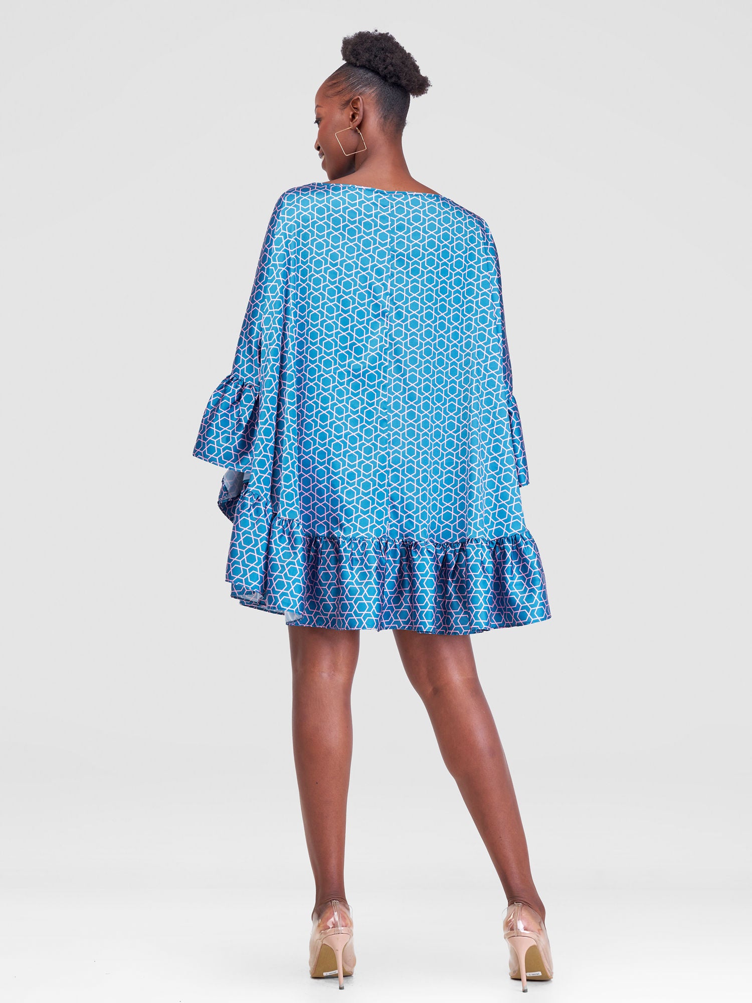 Vivo Malindi Tunic Dress With Frills - Teal / Pink Duku Print
