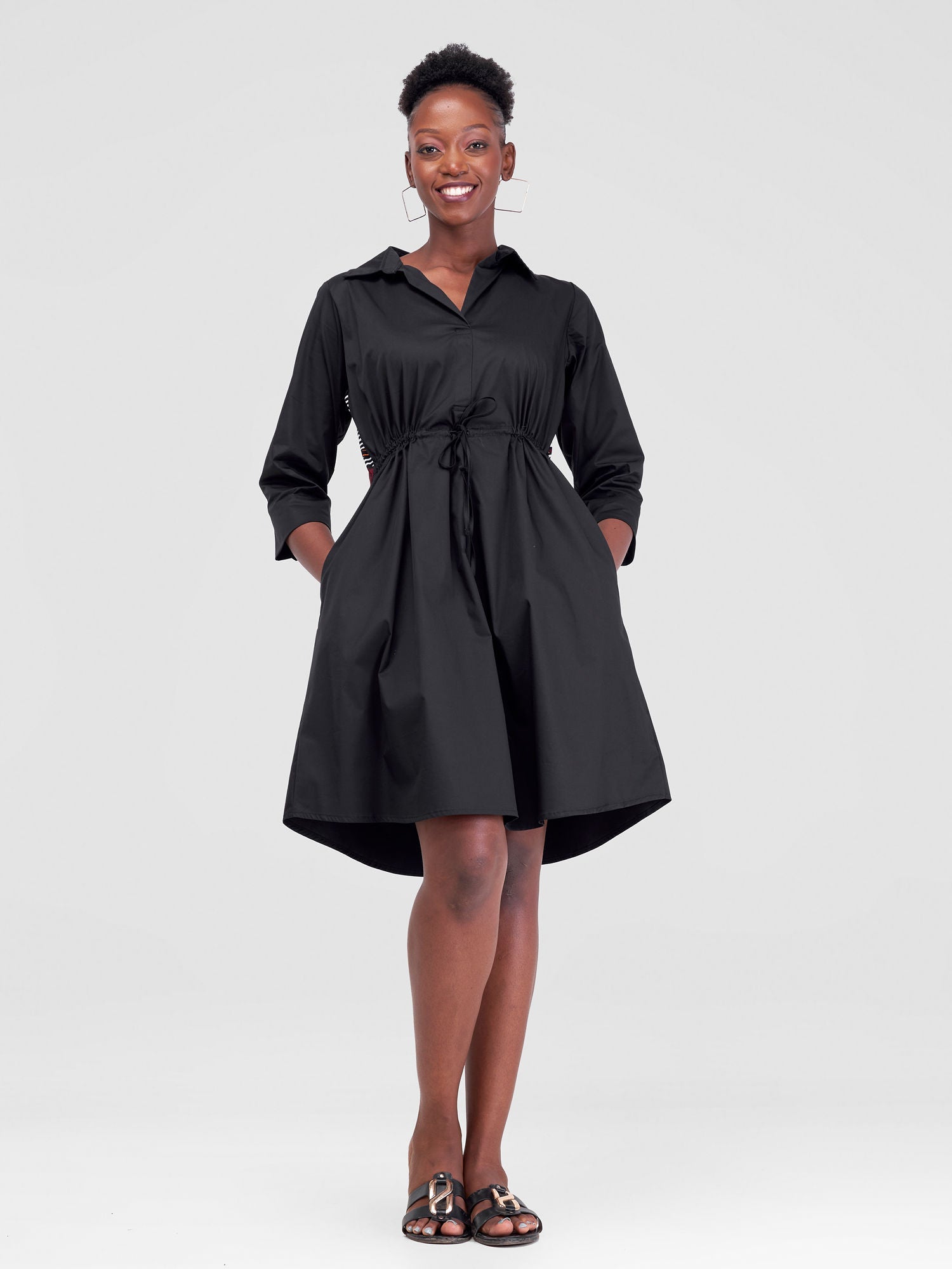 Safari Lira Drawstring Knee Length Dress - Black + Maroon Print