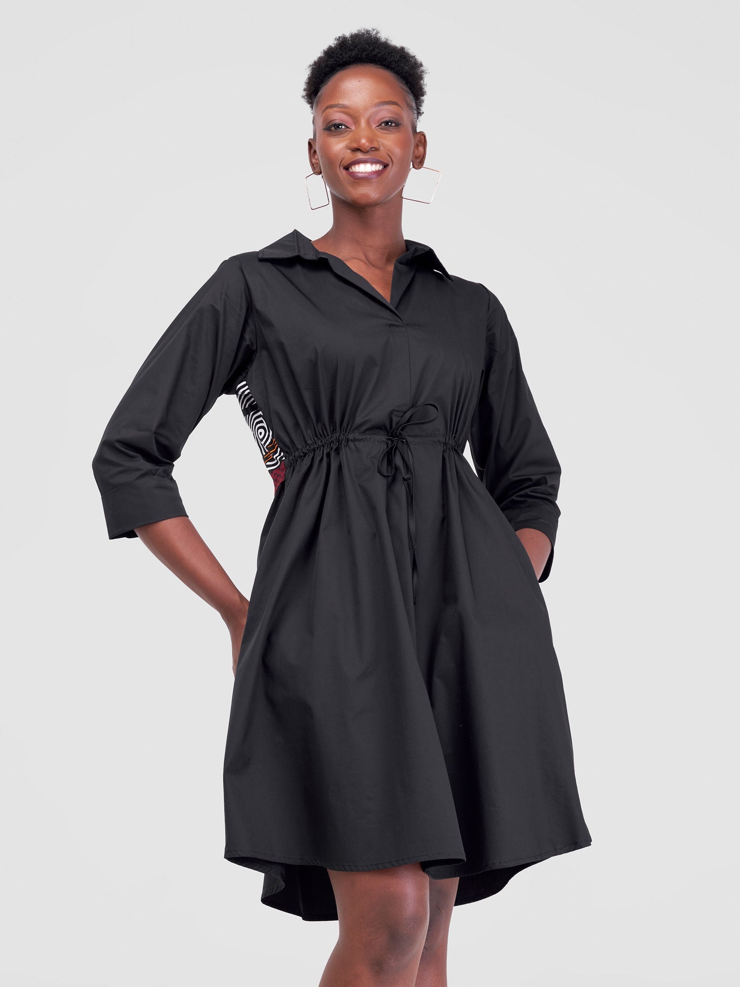 Safari Lira Drawstring Knee Length Dress - Black + Maroon Print