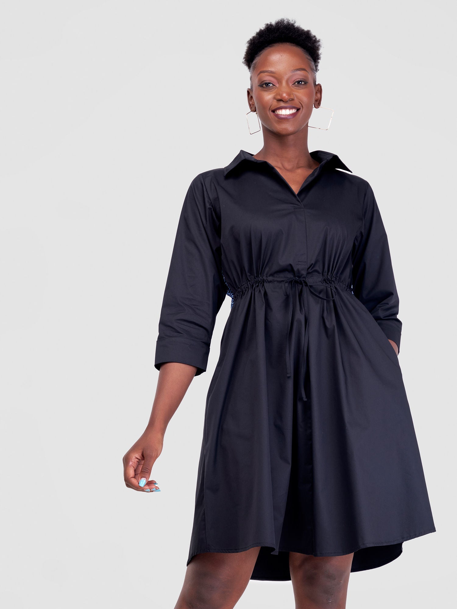 Safari Lira Drawstring Knee Length Dress - Black + Blue / White Print