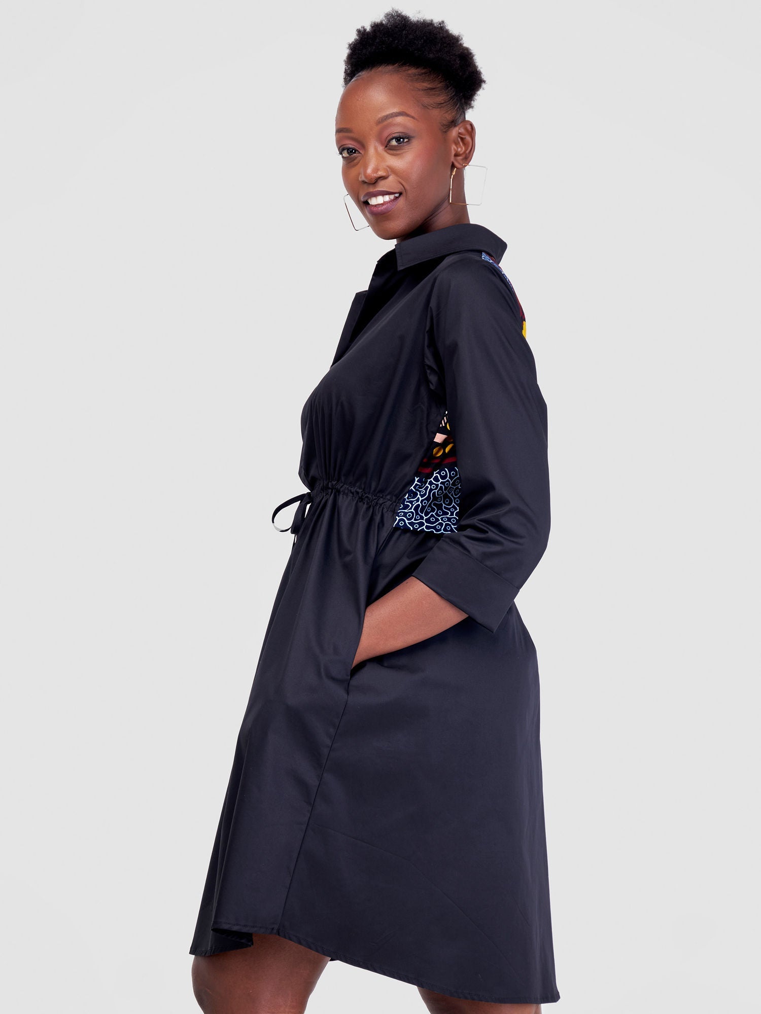 Safari Lira Drawstring Knee Length Dress - Black + Blue / White Print