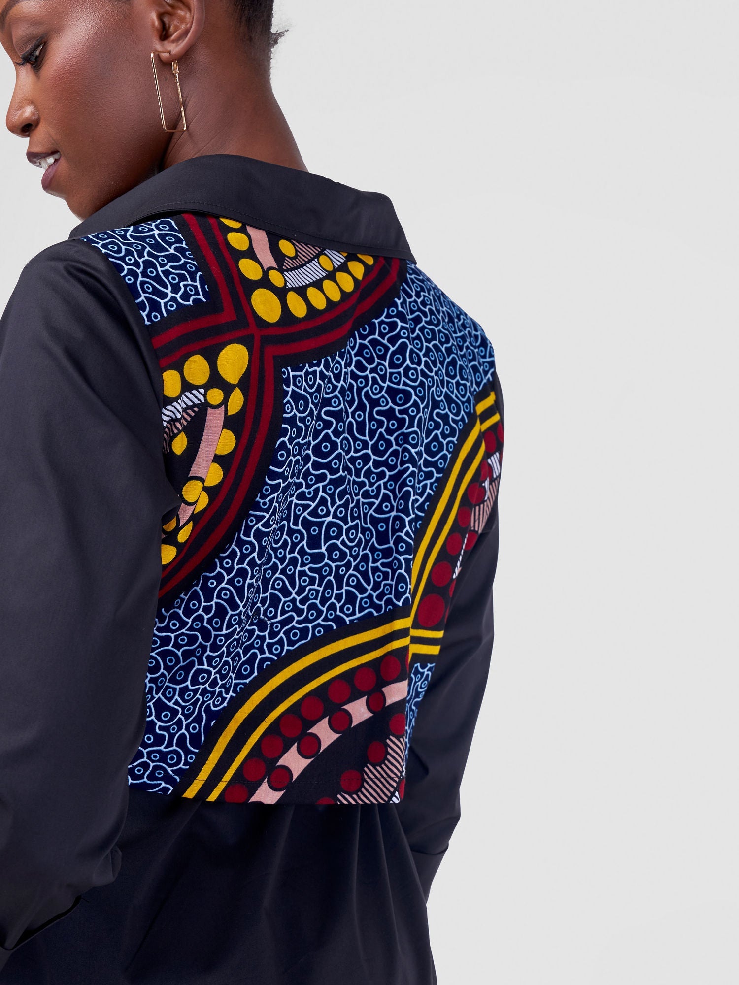 Safari Lira Drawstring Knee Length Dress - Black + Blue / White Print