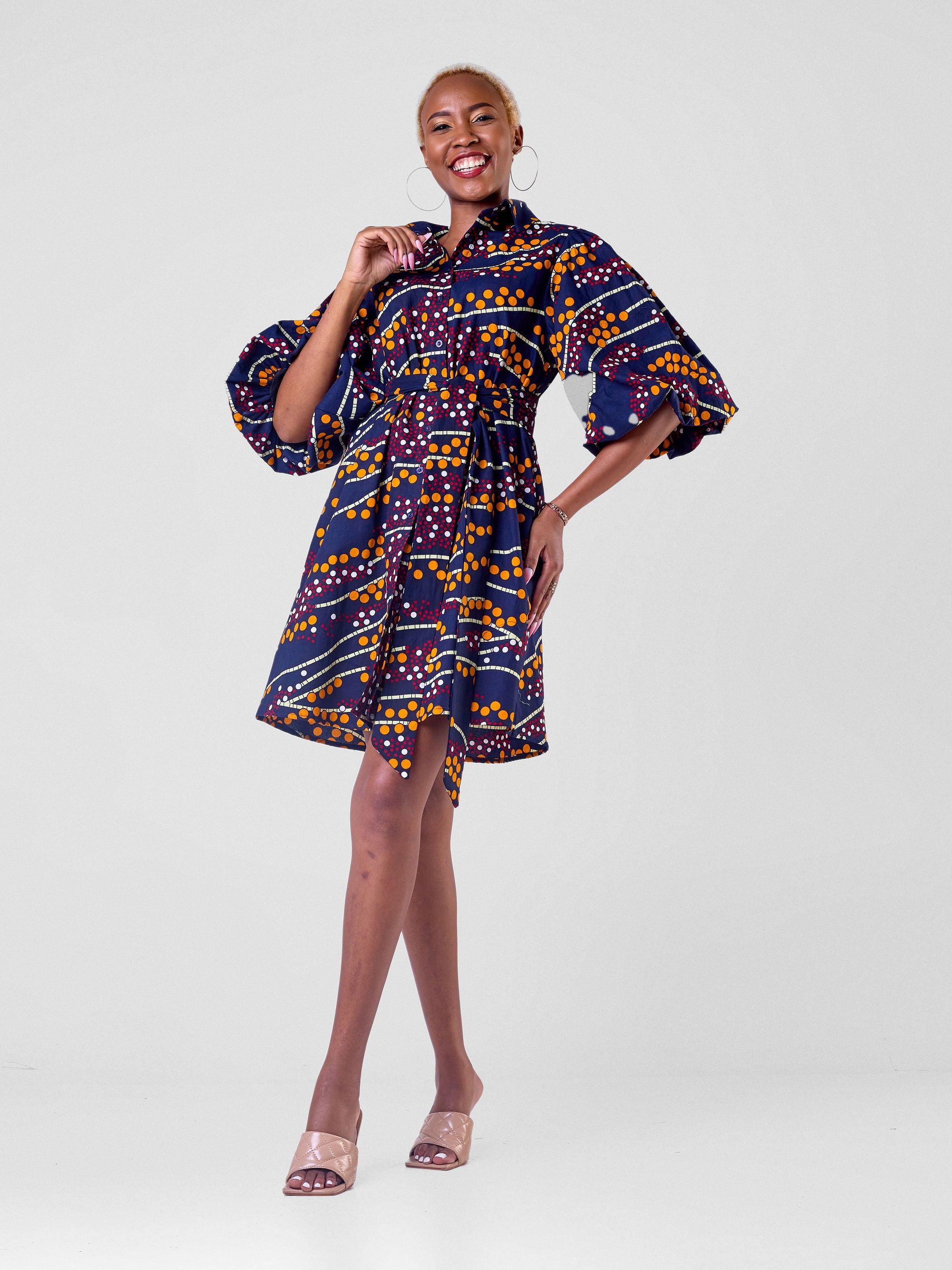 Vivo Kitenge Bubble Sleeve Tent Dress - Dark Navy Ankara Print