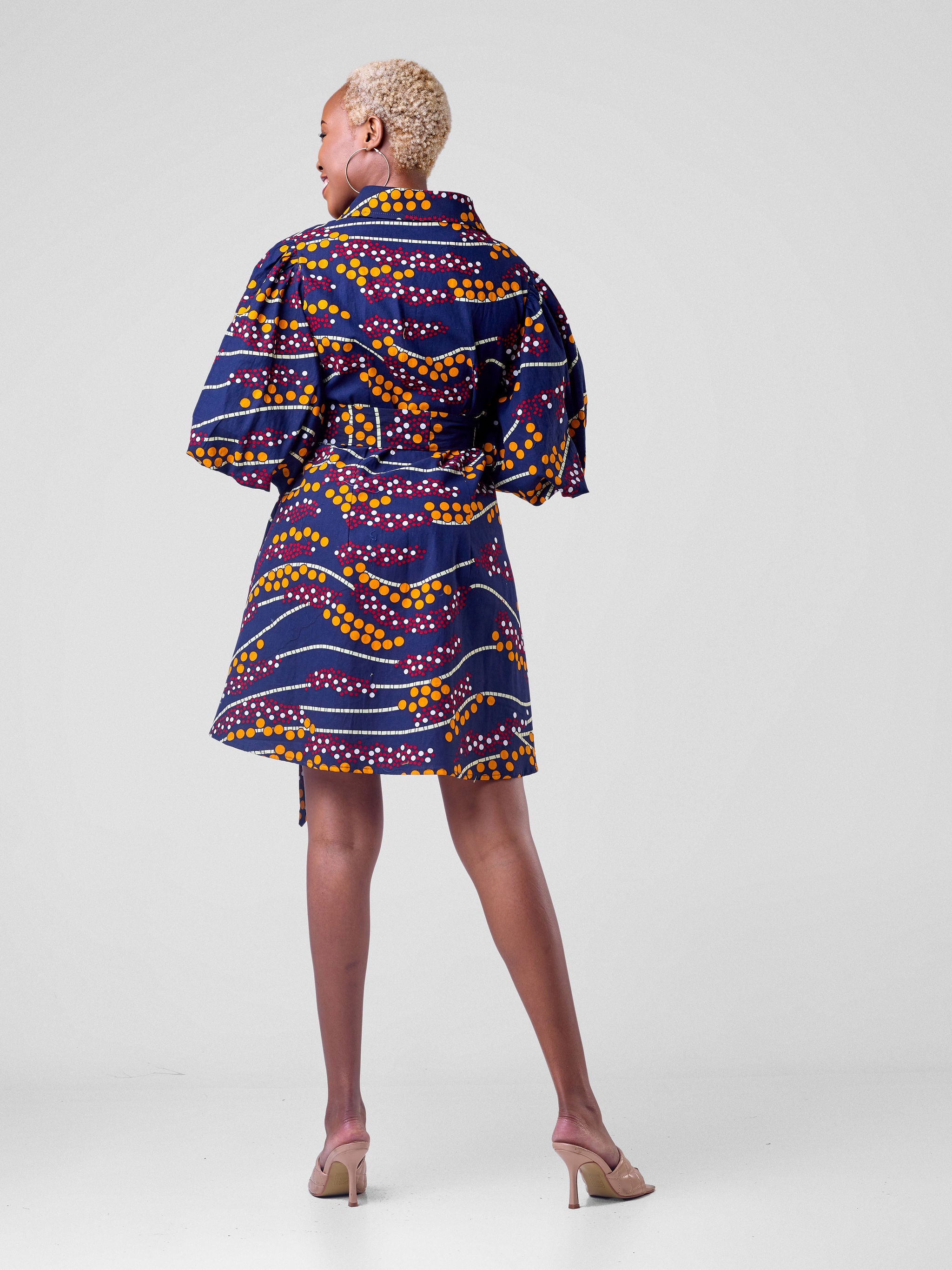 Vivo Kitenge Bubble Sleeve Tent Dress - Dark Navy Ankara Print