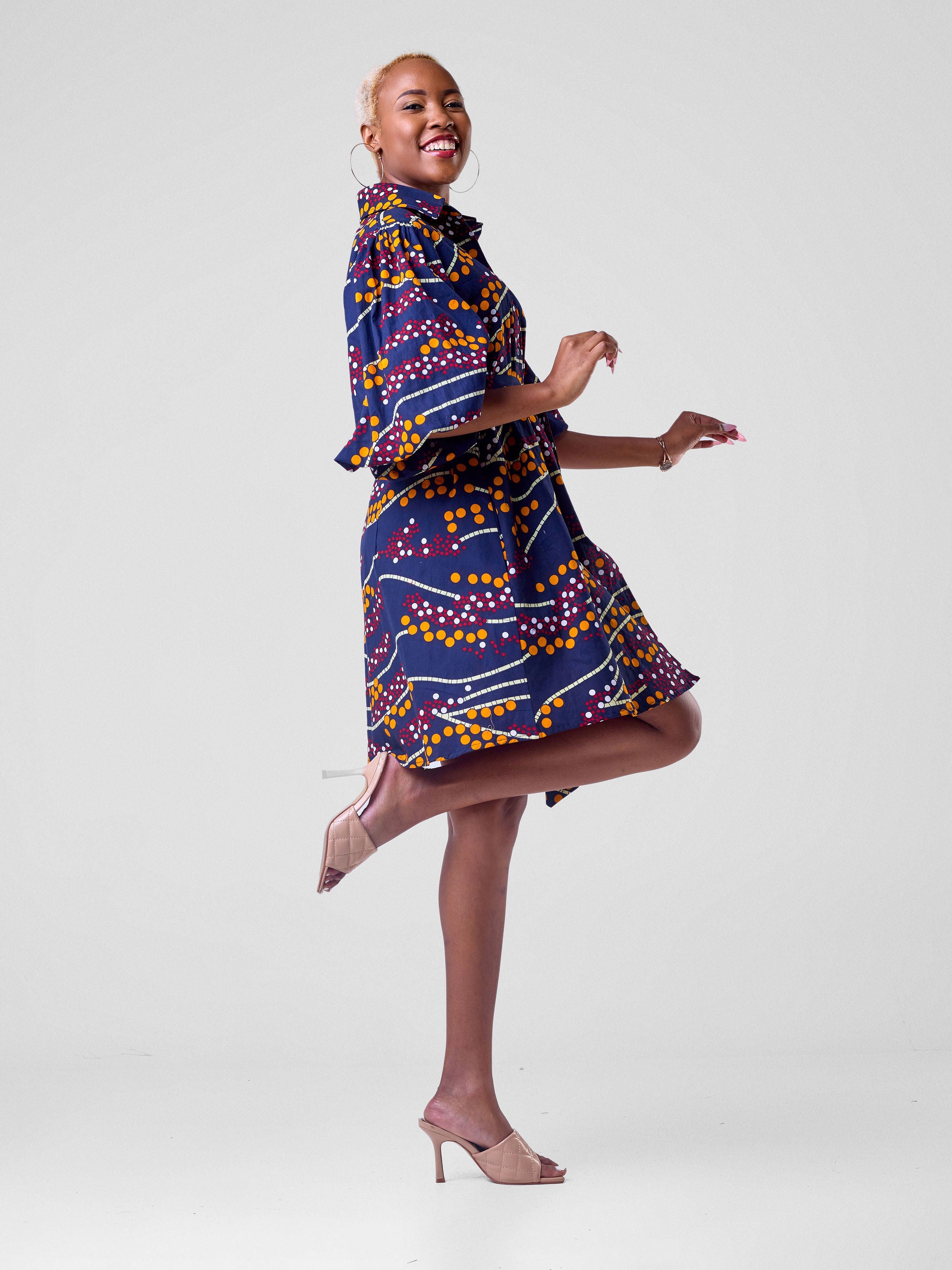 Vivo Kitenge Bubble Sleeve Tent Dress - Dark Navy Ankara Print