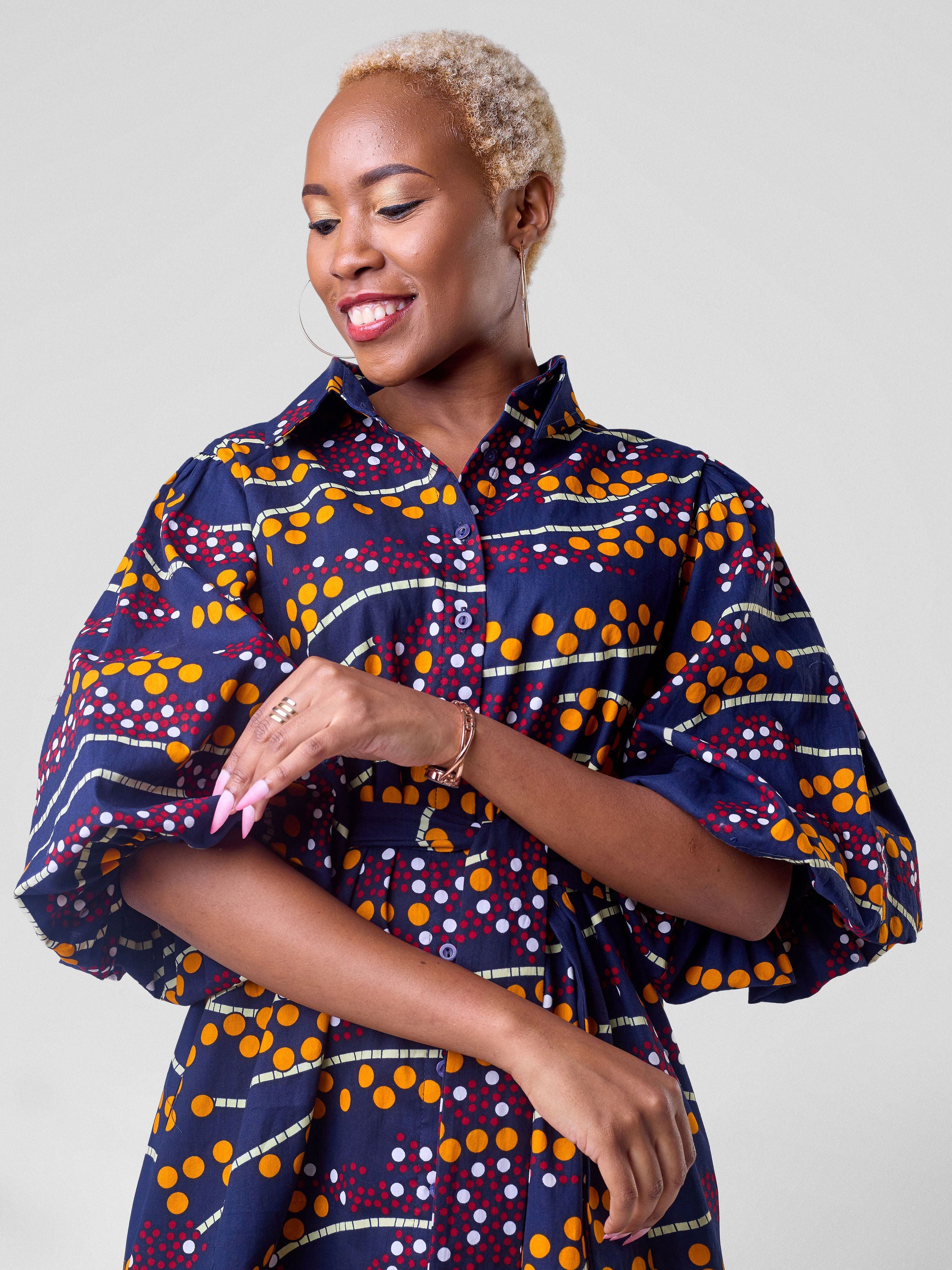 Vivo Kitenge Bubble Sleeve Tent Dress - Dark Navy Ankara Print