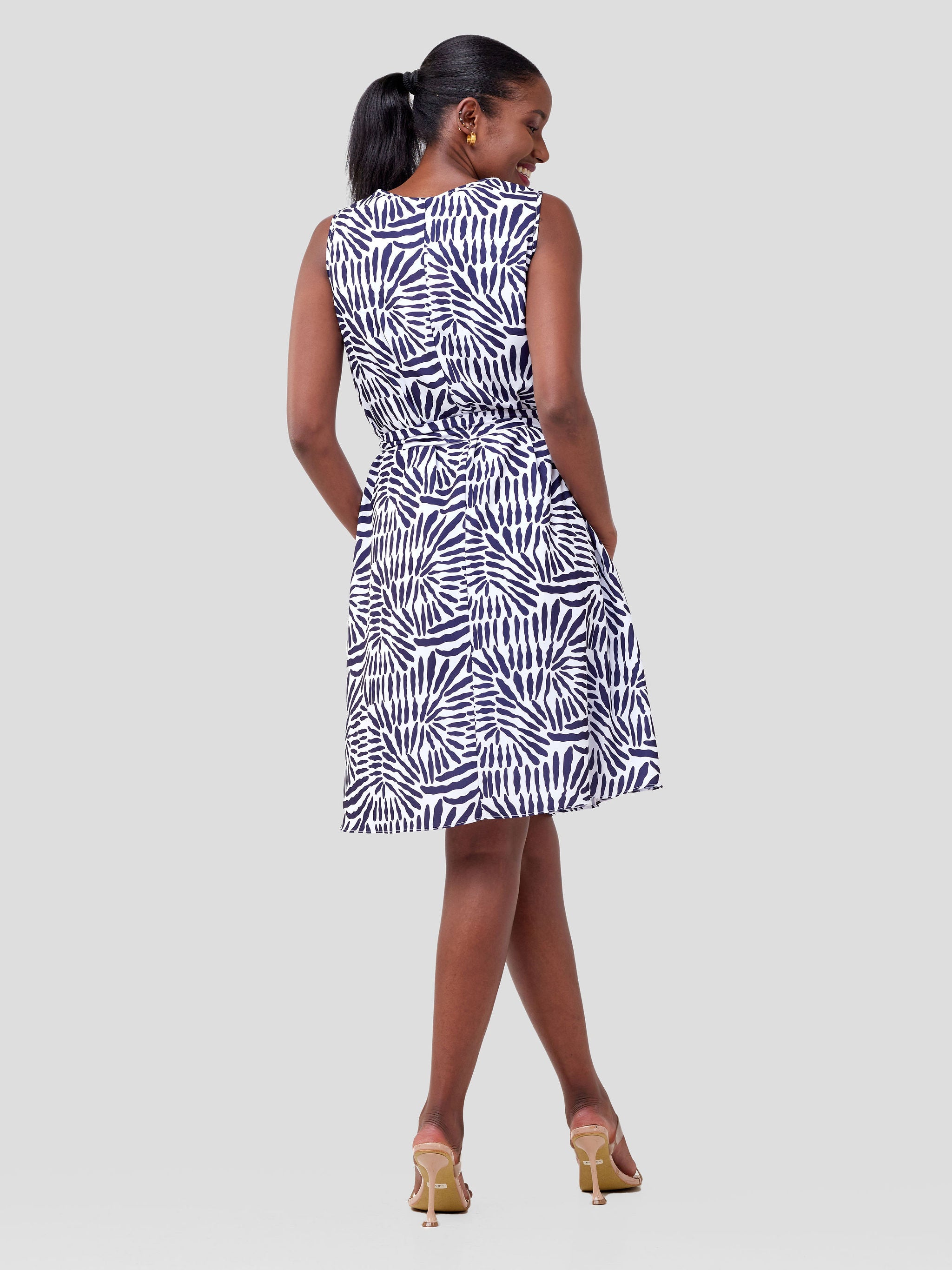 Vivo Basic Sleeveless Tent Dress - Navy Blue / White Cairo Print