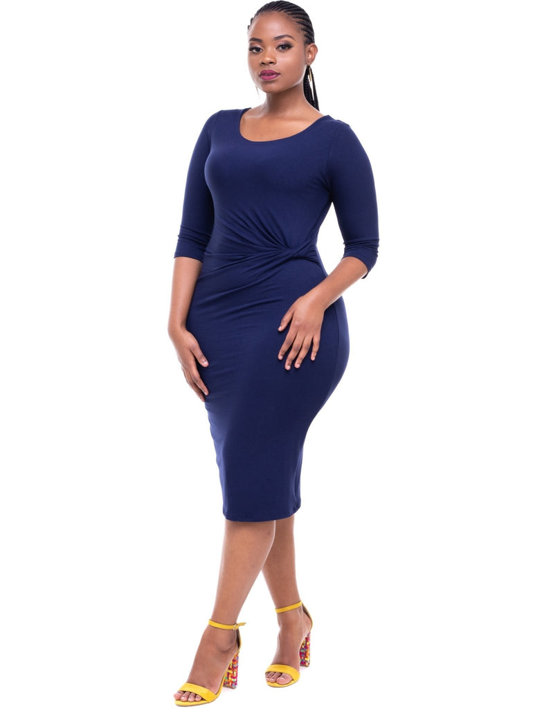 Vivo Basic Side Twist Knee Length Dress - Navy Blue - Shopzetu