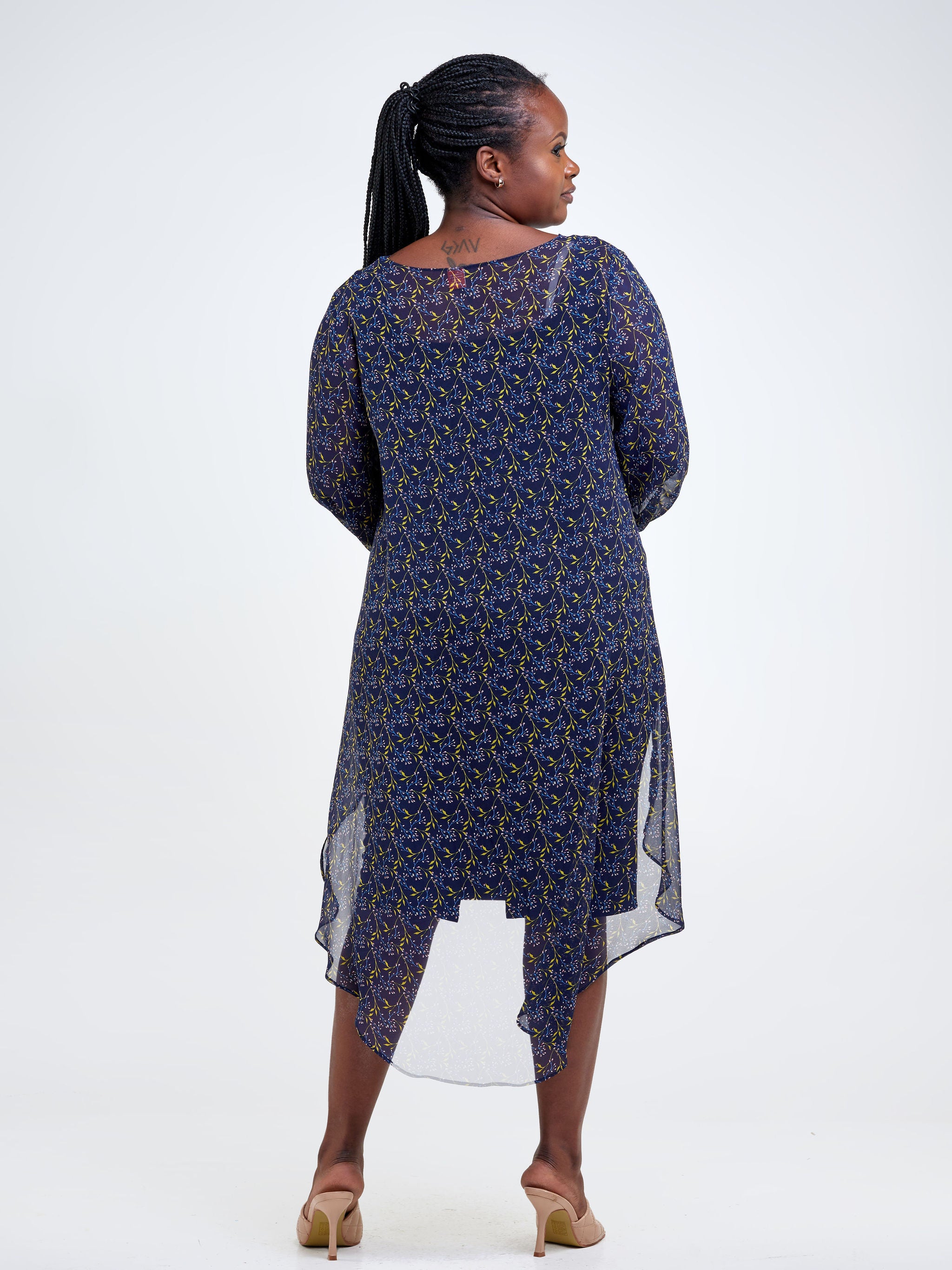 Vivo Basic Nalia High-low Chiffon Top - Navy Blue / Yellow Leaf Print