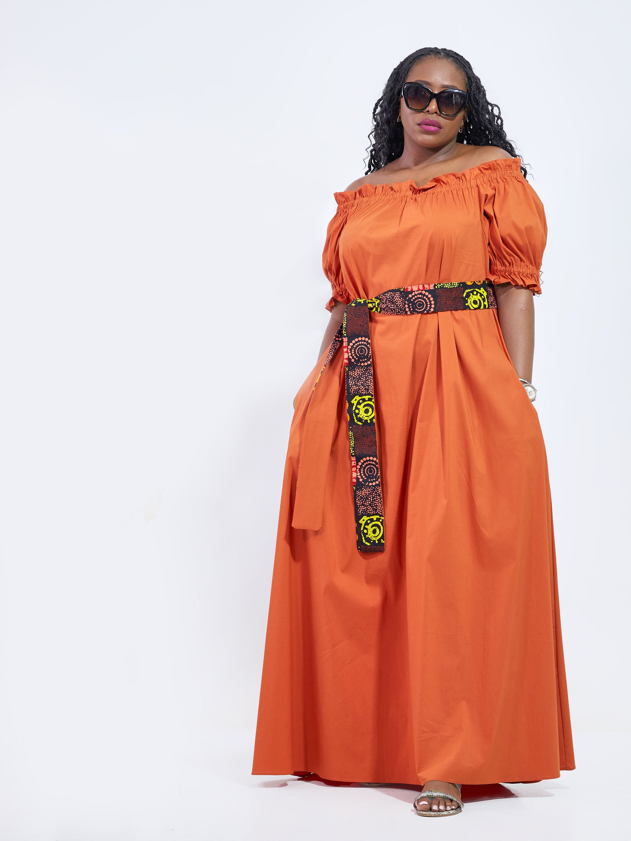 Safari Mali Off Shoulder Ruffle Maxi Dress - Rust