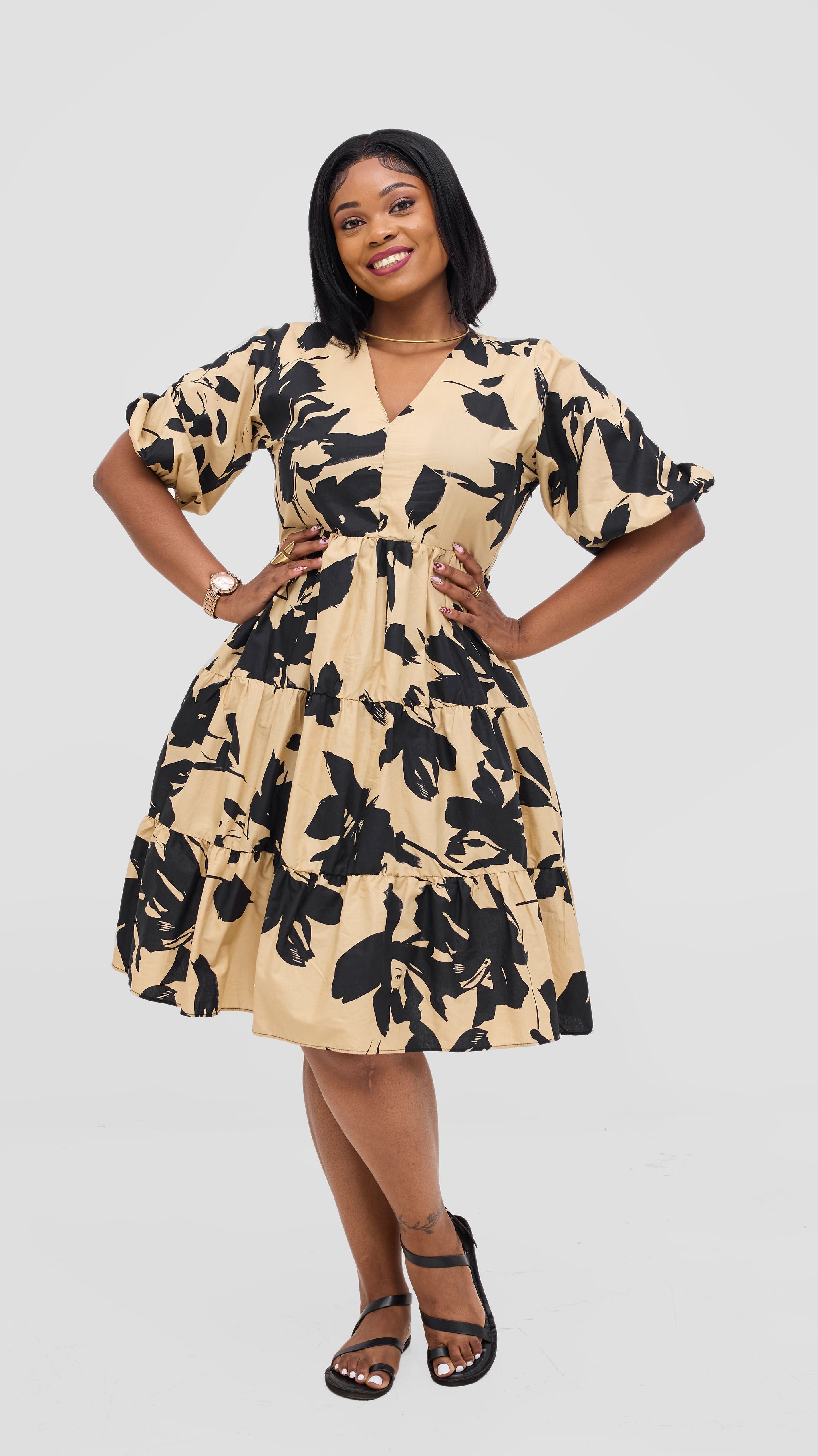 Safari Naledi Bishop Sleeve Tiered Dress - Beige / Black Wia Print