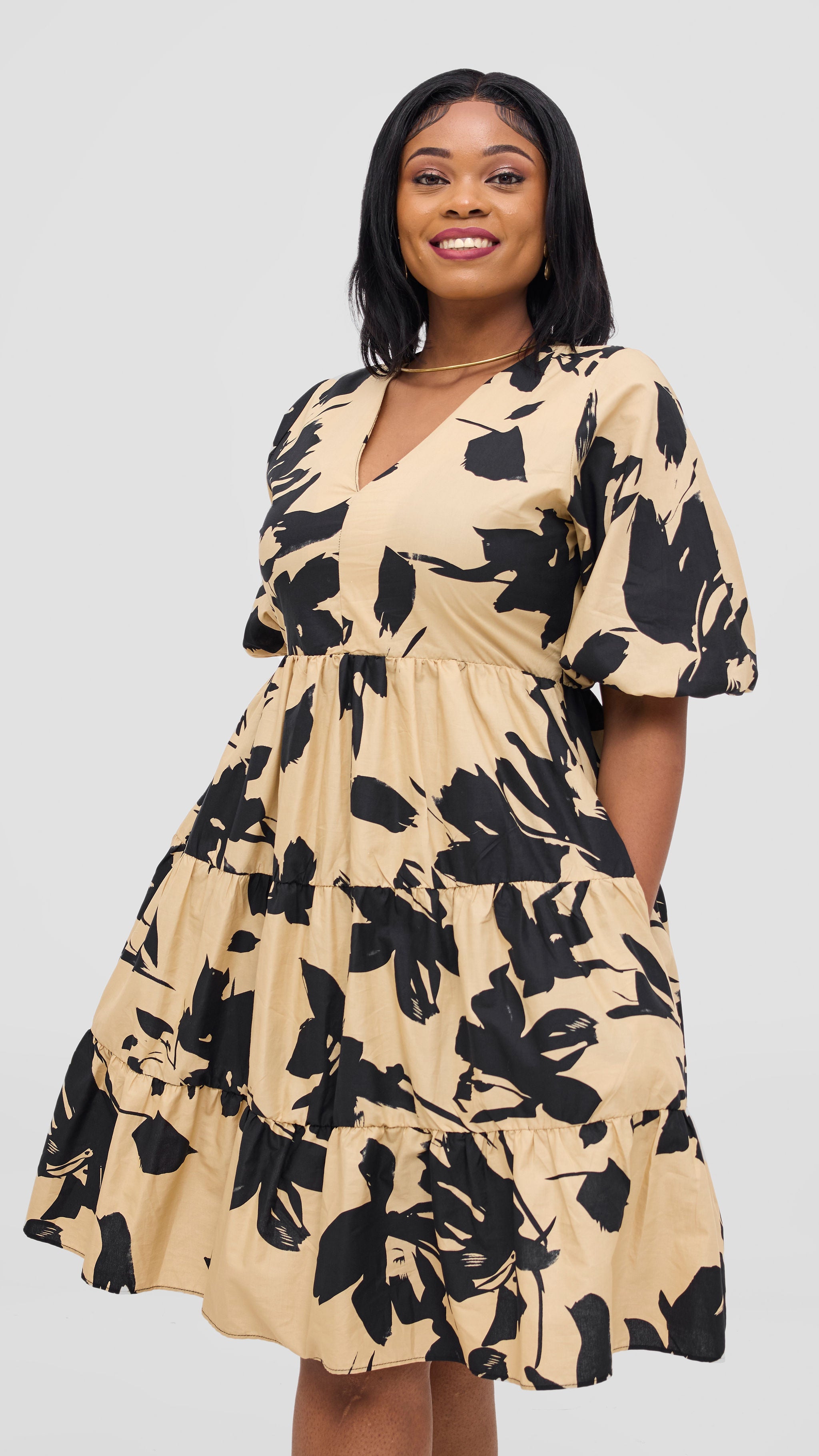 Safari Naledi Bishop Sleeve Tiered Dress - Beige / Black Wia Print