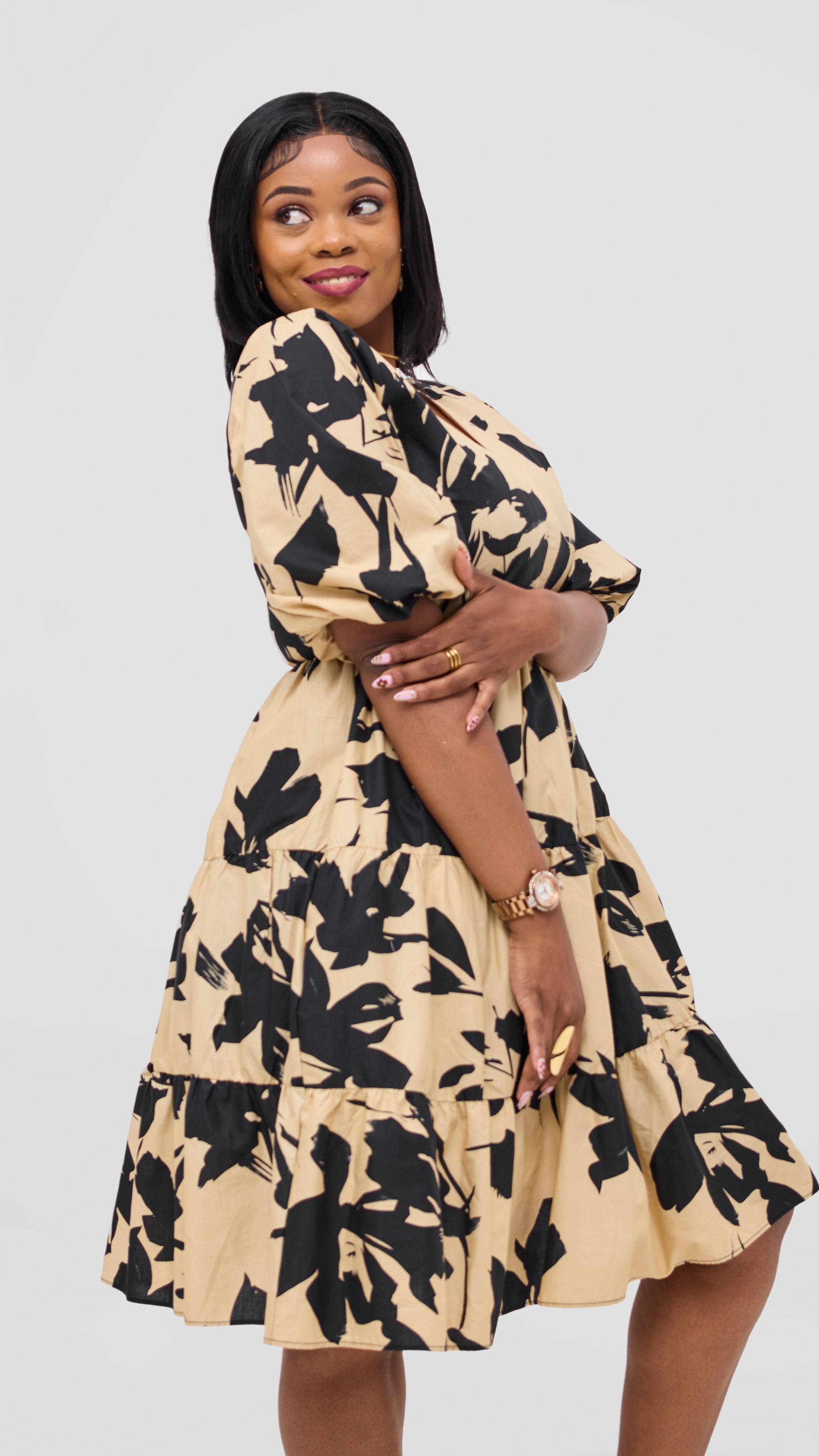 Safari Naledi Bishop Sleeve Tiered Dress - Beige / Black Wia Print