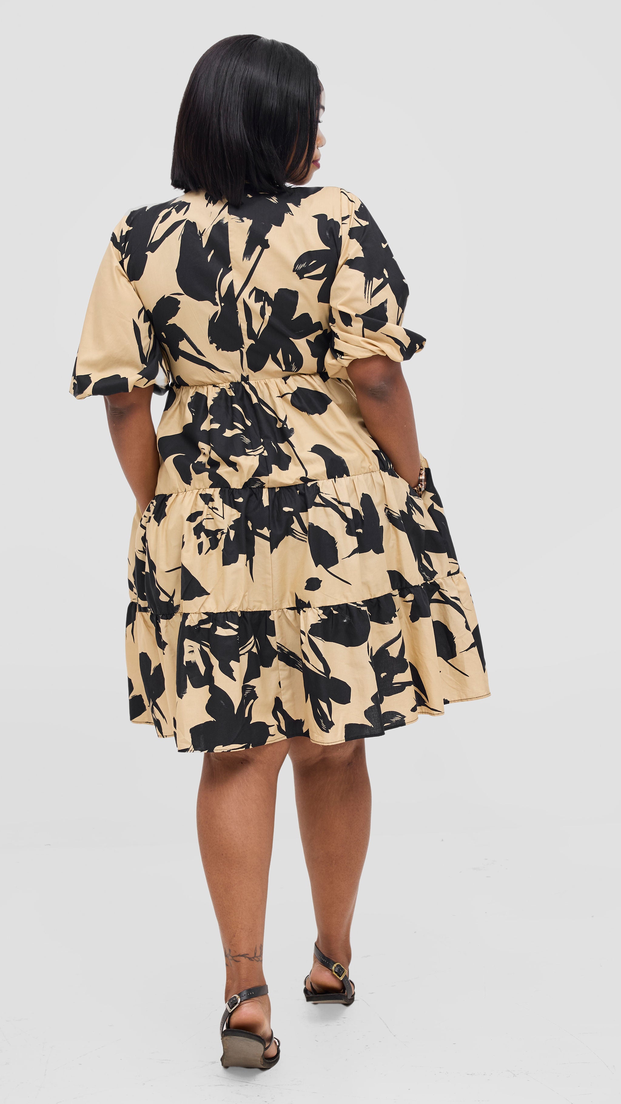Safari Naledi Bishop Sleeve Tiered Dress - Beige / Black Wia Print