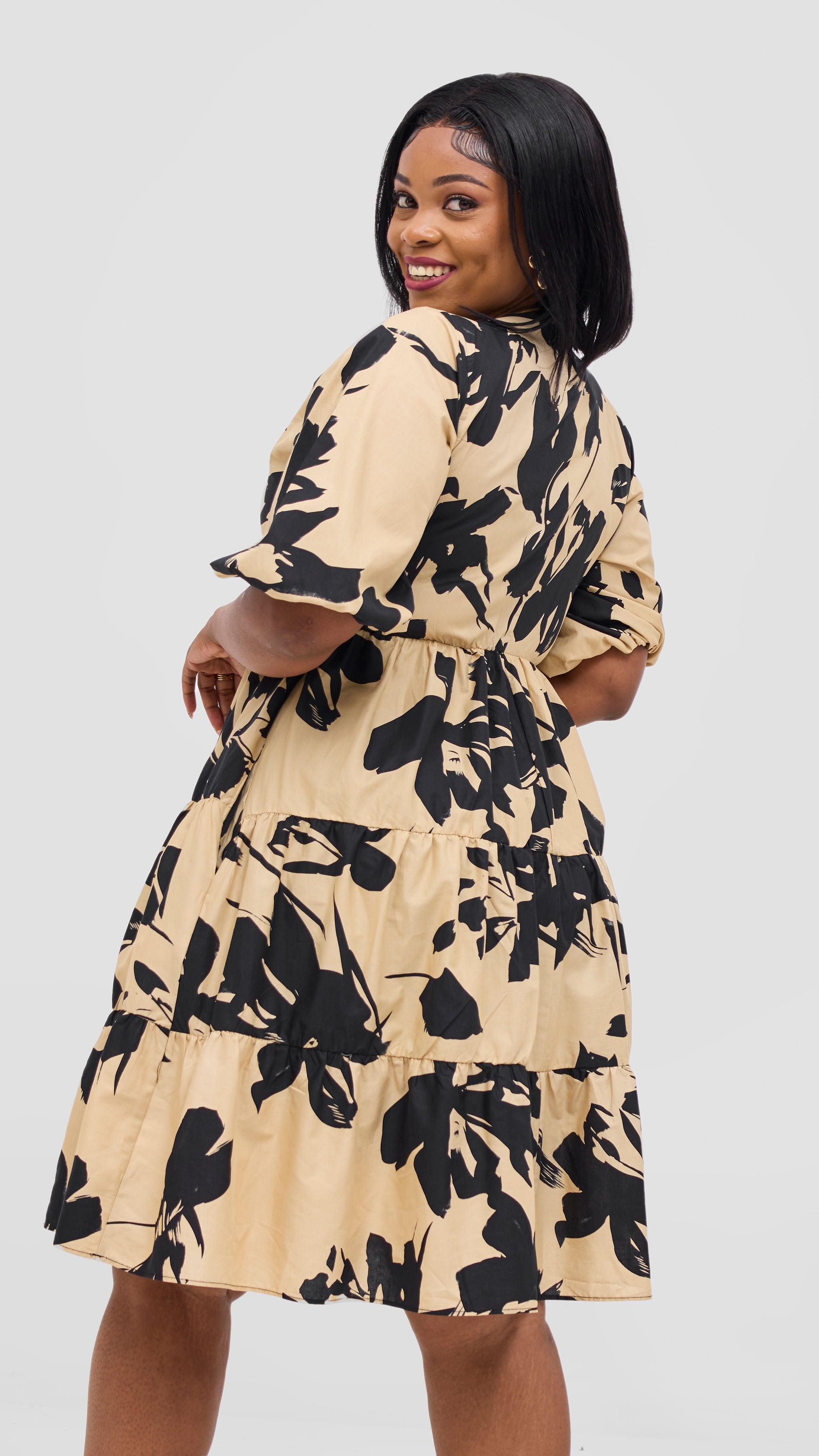 Safari Naledi Bishop Sleeve Tiered Dress - Beige / Black Wia Print
