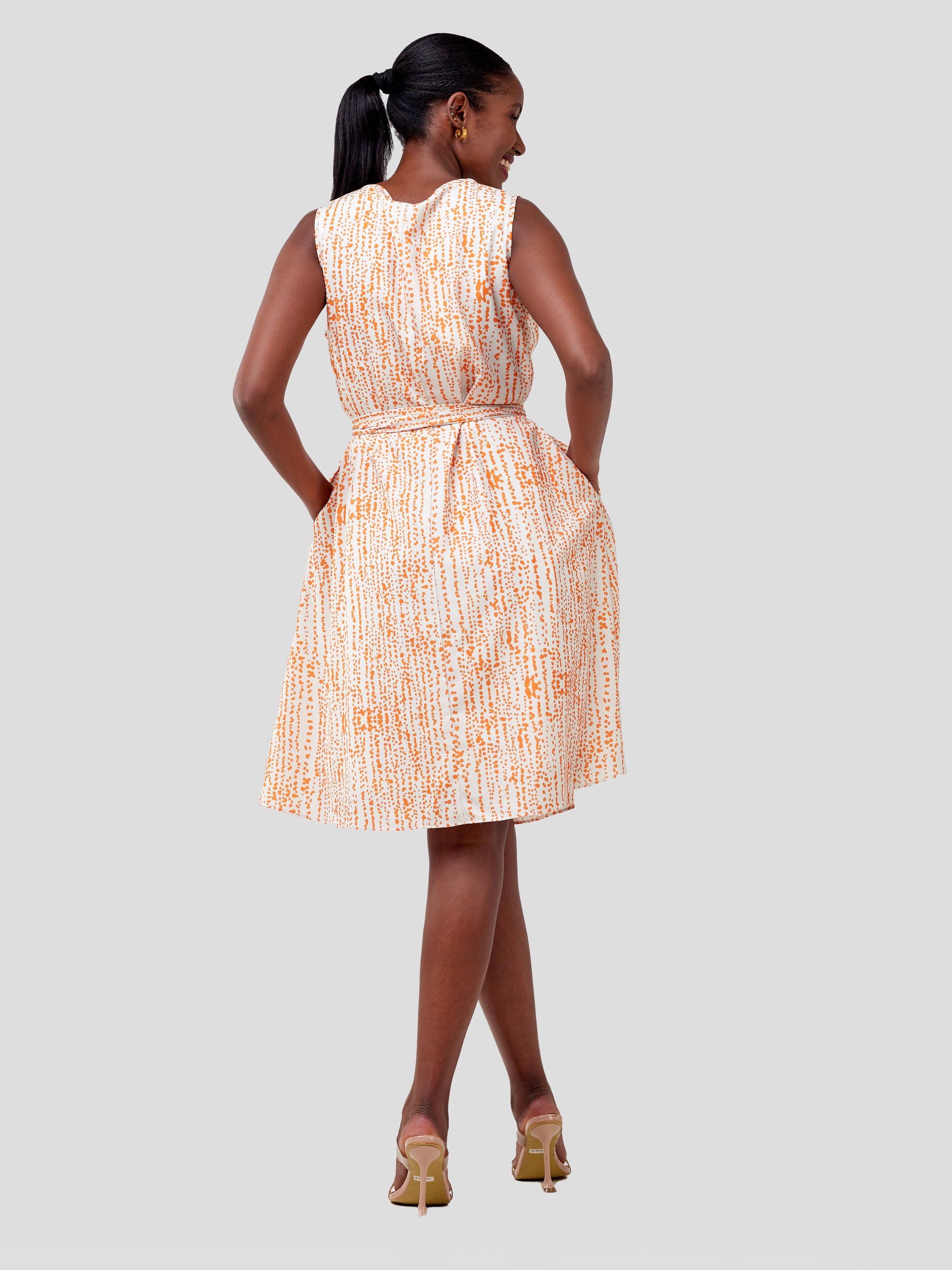 Vivo Basic Sleeveless Tent Dress - Off White / Orange Heri Print