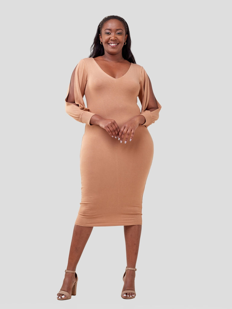 Vivo Lamu 3/4 Sleeve Double Layered Bodycon - Tan - Shopzetu