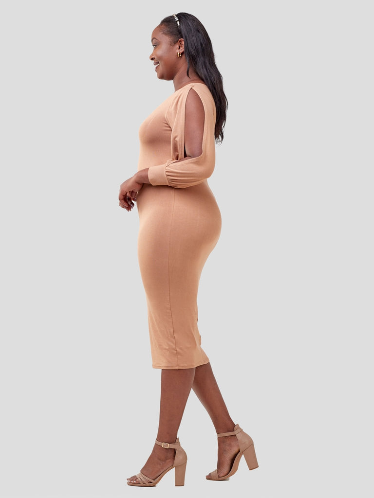 Vivo Lamu 3/4 Sleeve Double Layered Bodycon - Tan - Shopzetu