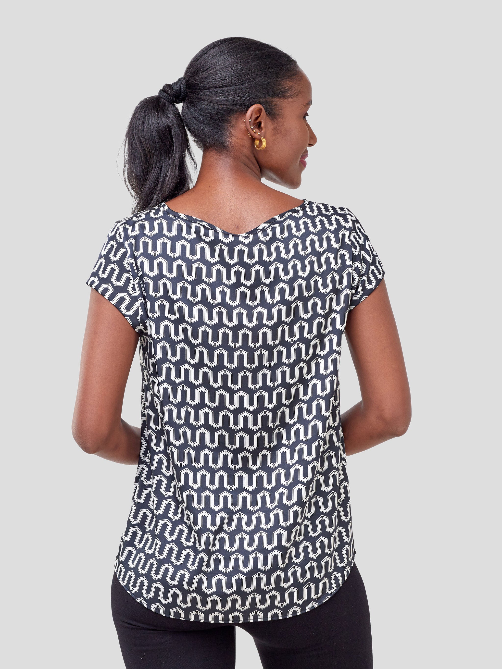 Vivo Basic Satin Cap Sleeve Top - Black / White Geometric Print