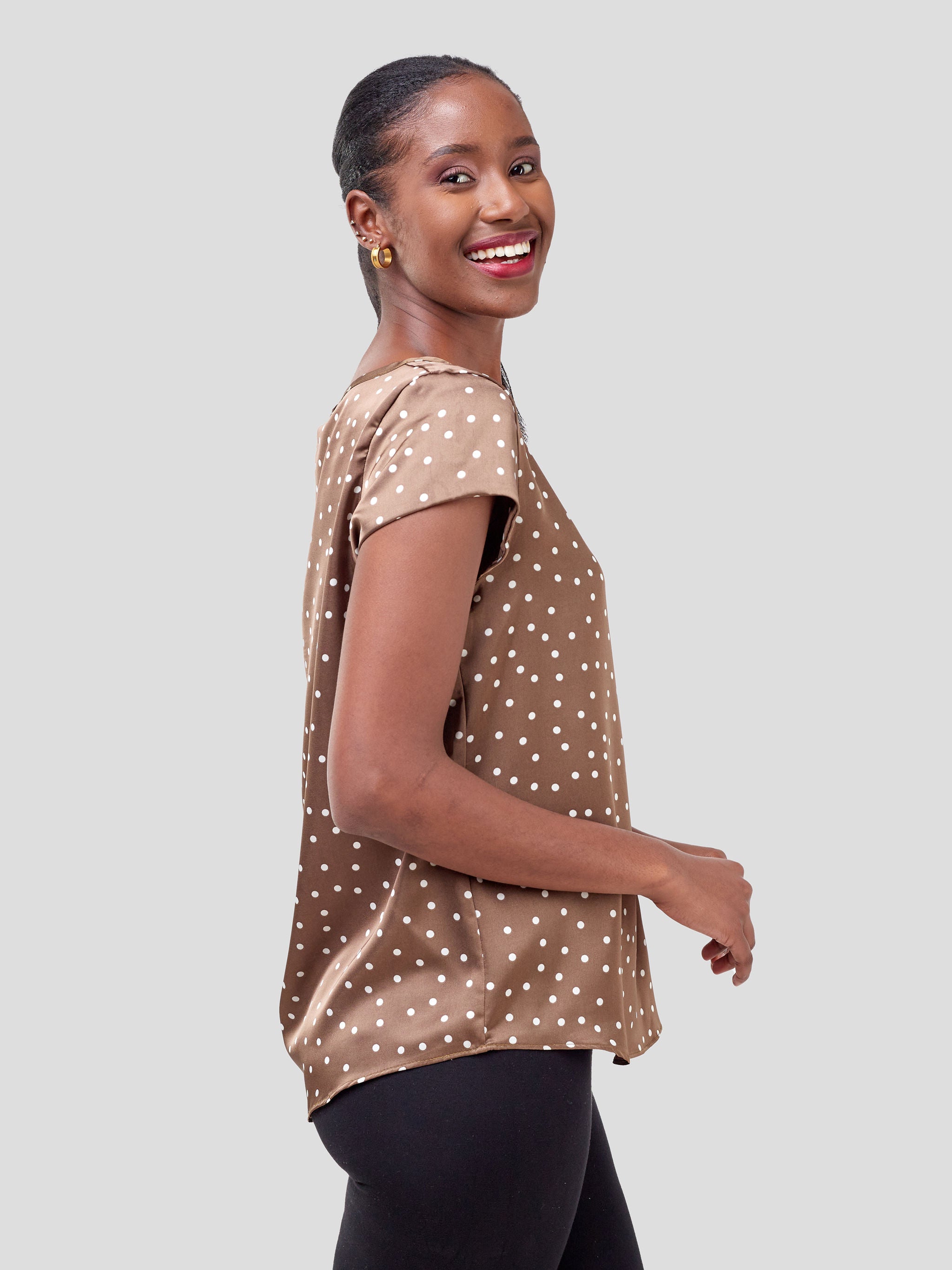 Vivo Basic Satin Cap Sleeve Top - Brown Polka Dots
