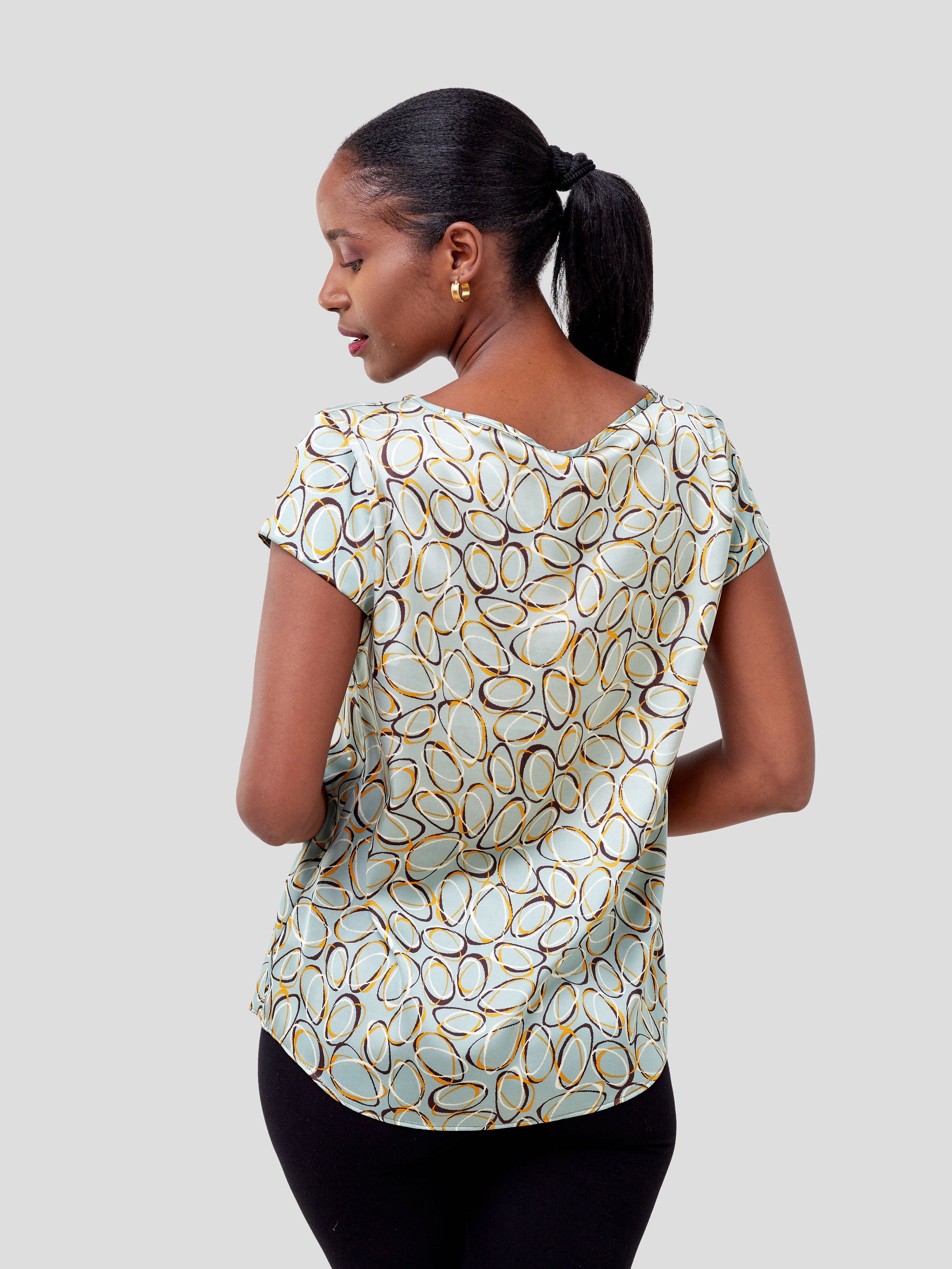 Vivo Basic Satin Cap Sleeve Top -Teal / Brown Abstract