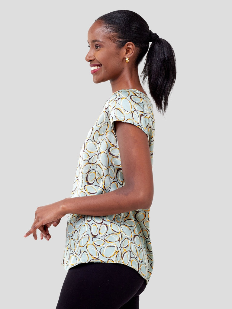 Vivo Basic Satin Cap Sleeve Top -Teal / Brown Abstract - Shopzetu