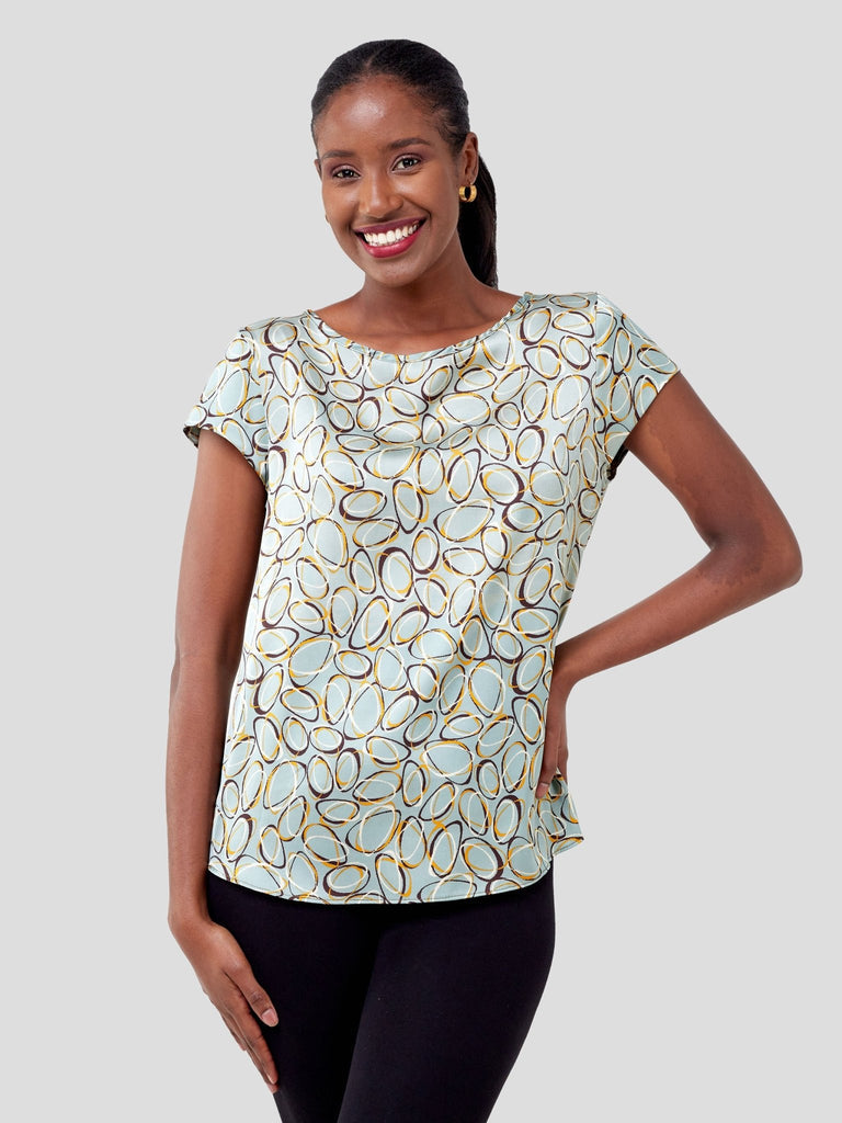 Vivo Basic Satin Cap Sleeve Top -Teal / Brown Abstract - Shopzetu