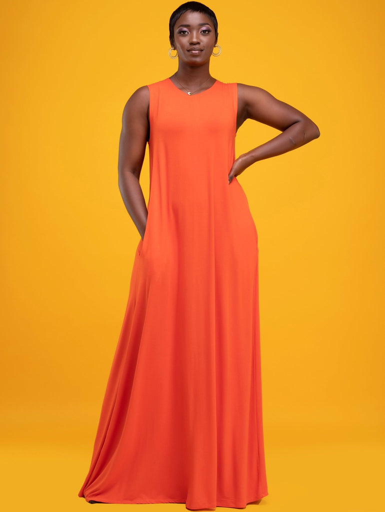 Vivo Basic Julia Back Pleat Maxi Dress - Orange - Shopzetu