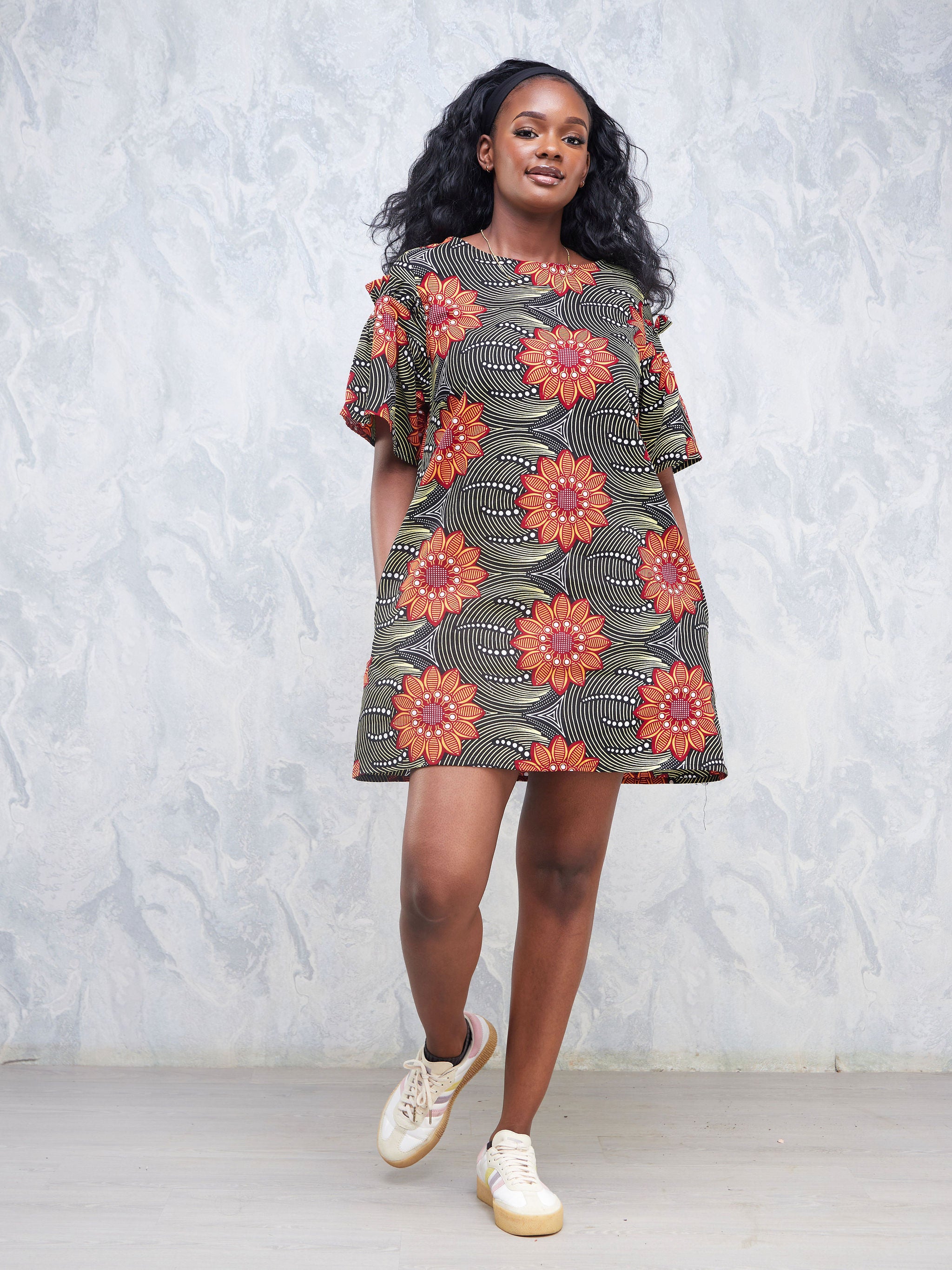 Nimali Ruffle Sleeve Short Dress - Black / Orange Ankara Print