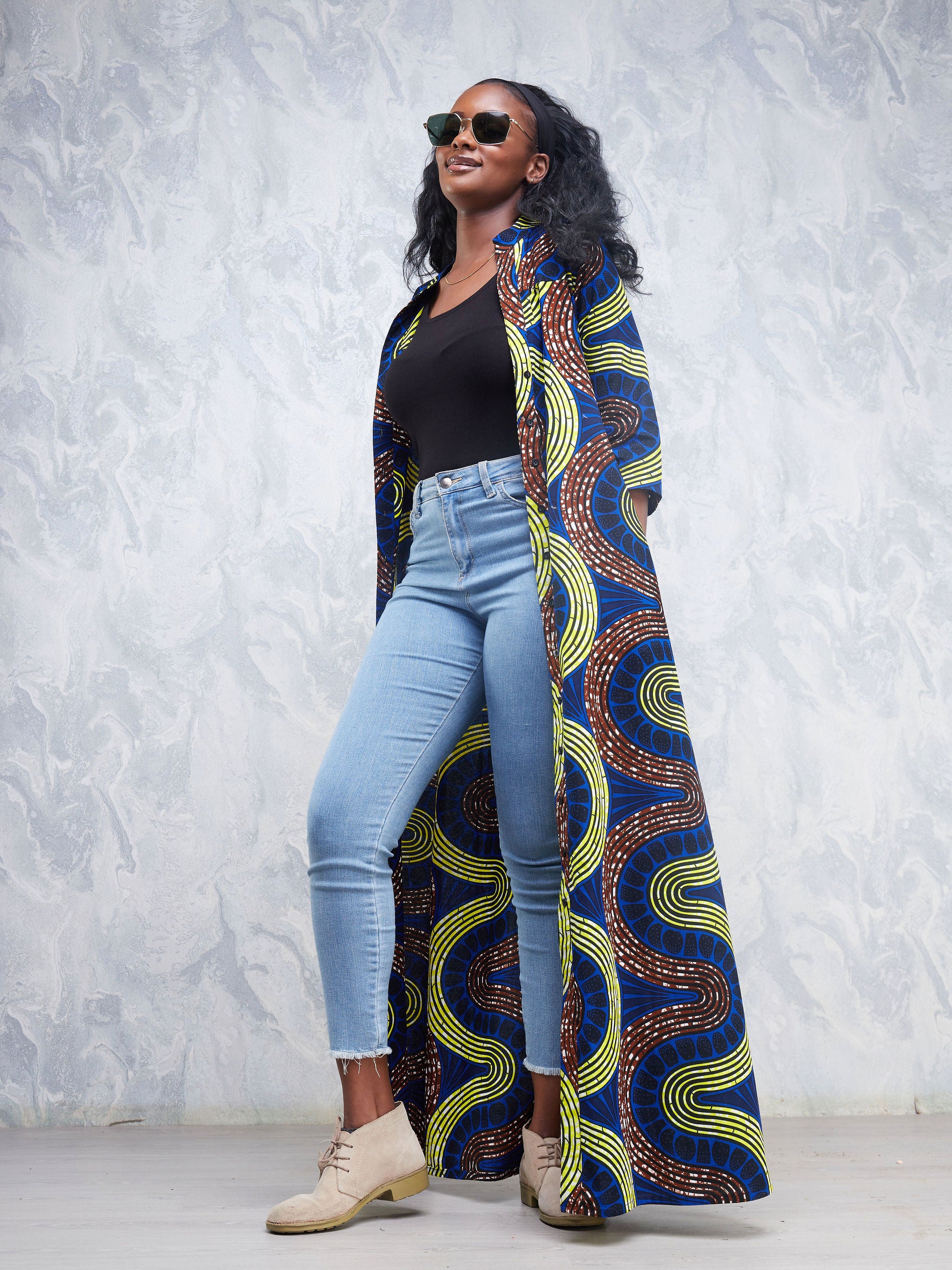 Safari Nimali 3/4 Sleeve Maxi Dress - Blue / Yellow Ankara Print