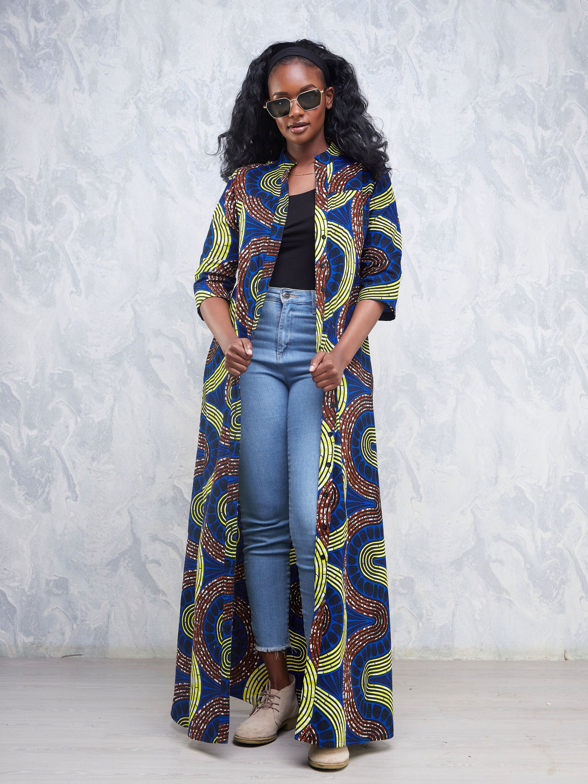 Safari Nimali 3/4 Sleeve Maxi Dress - Blue / Yellow Ankara Print