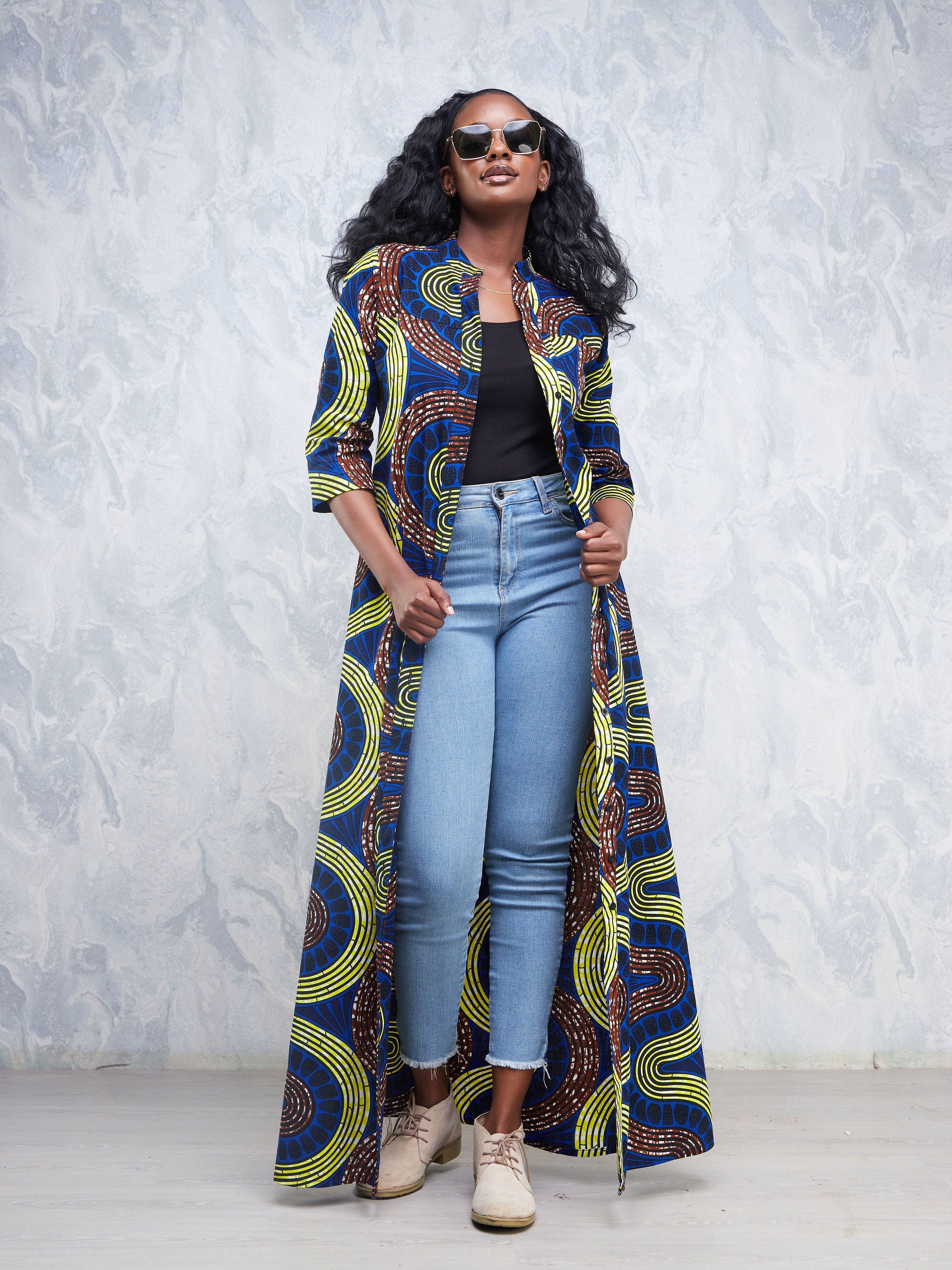 Safari Nimali 3/4 Sleeve Maxi Dress - Blue / Yellow Ankara Print