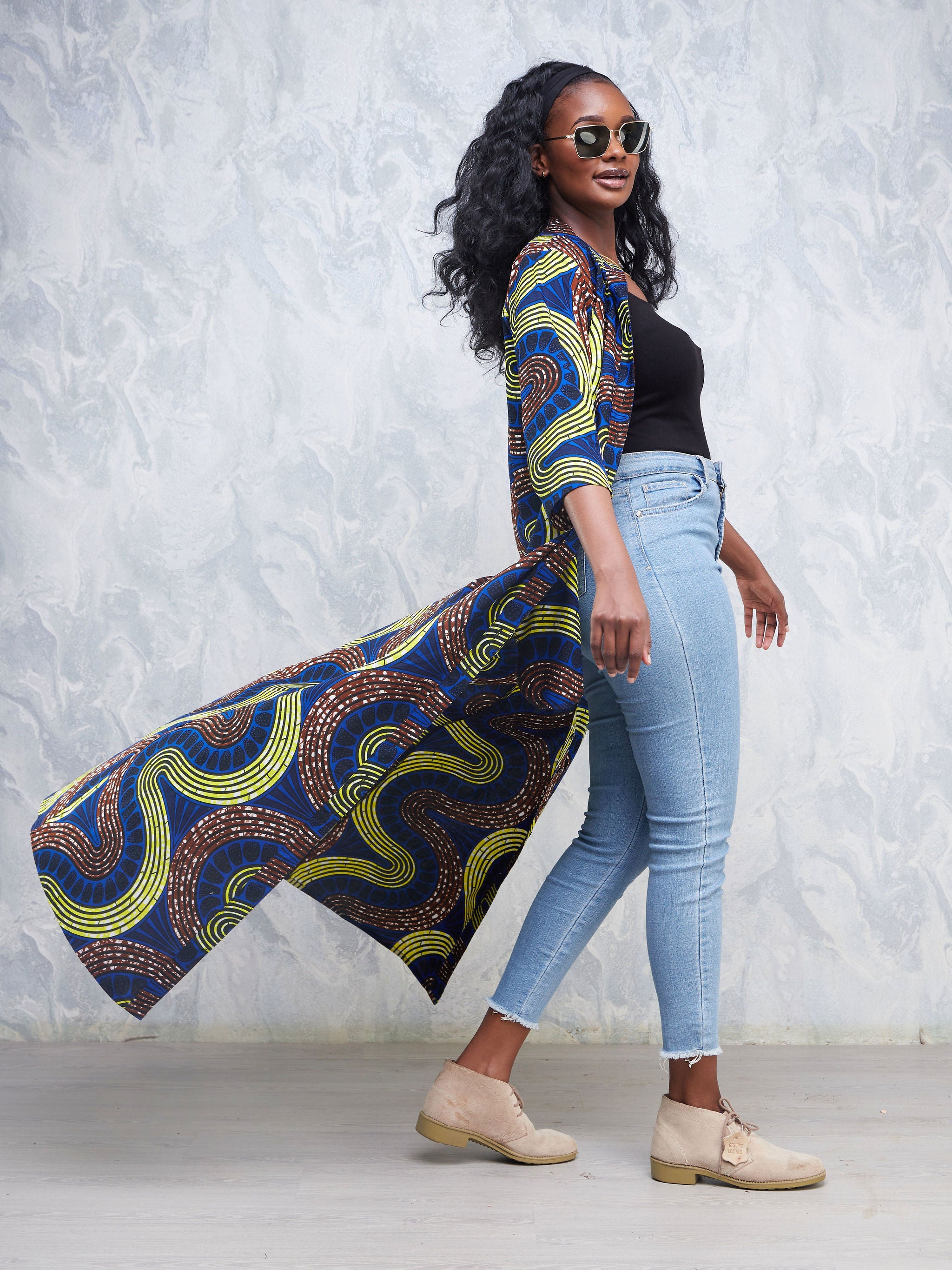 Safari Nimali 3/4 Sleeve Maxi Dress - Blue / Yellow Ankara Print