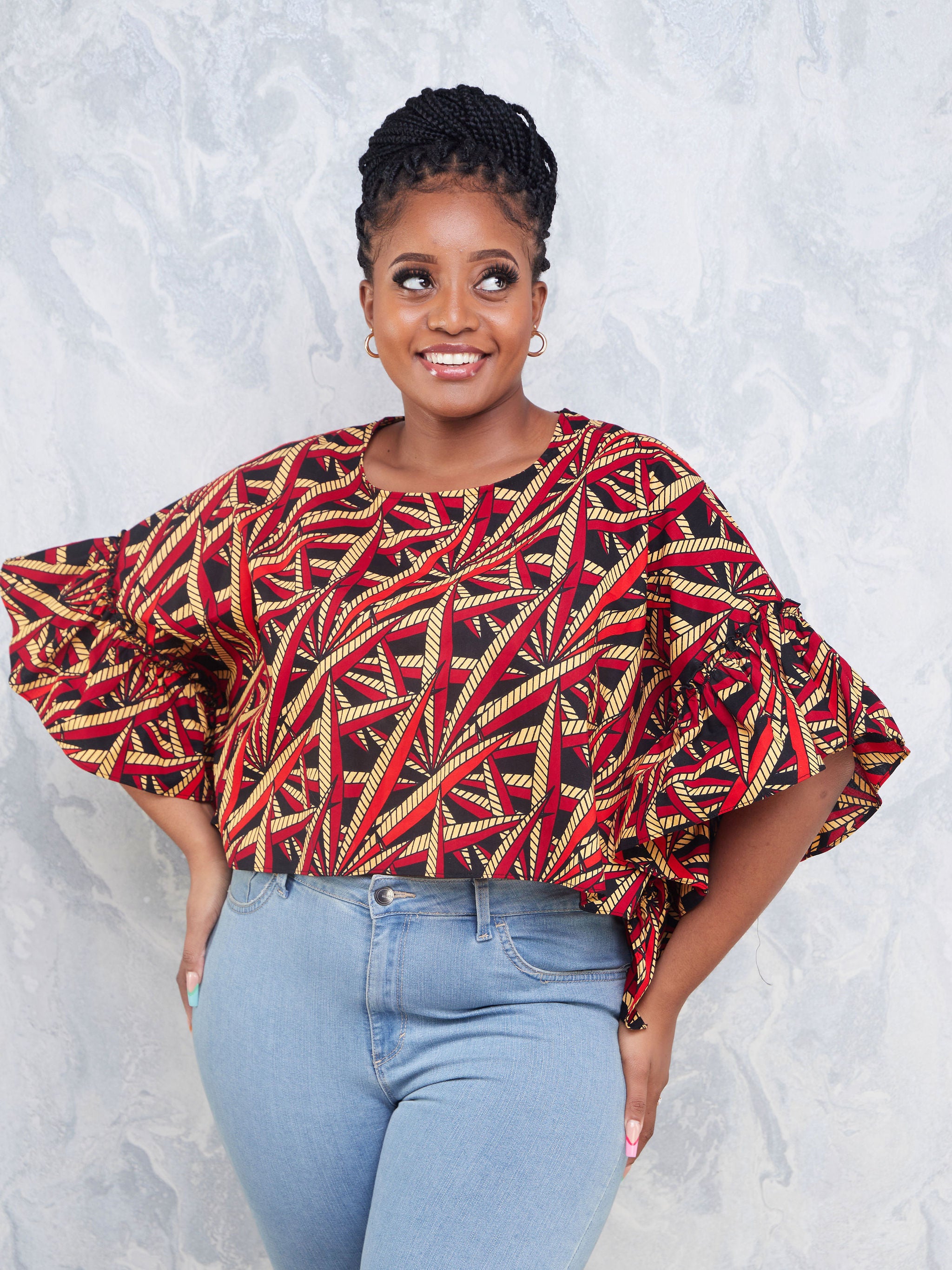 Nimali Side Frill Kaftan - Black/ Red Ankara Print