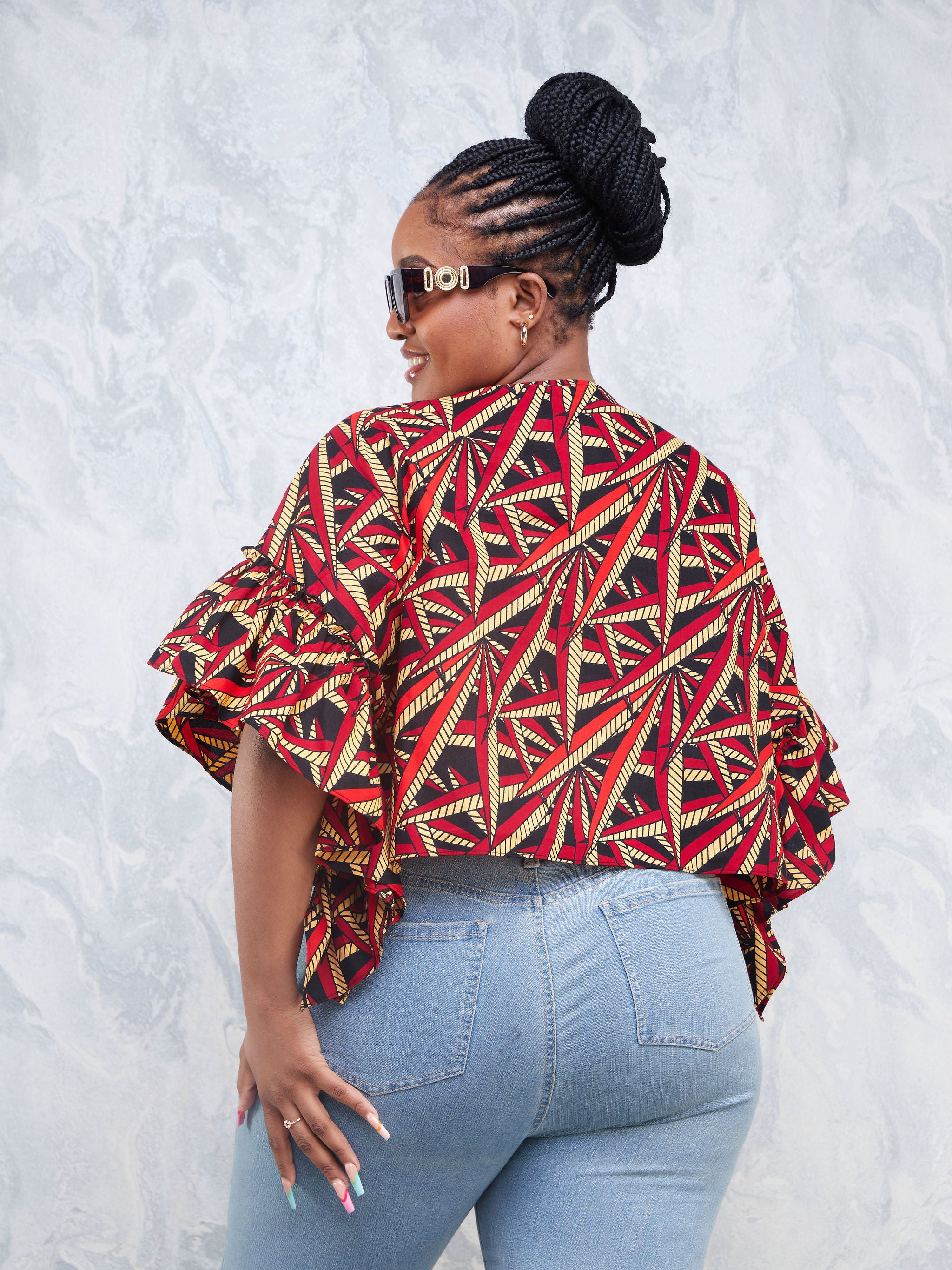 Nimali Side Frill Kaftan - Black/ Red Ankara Print