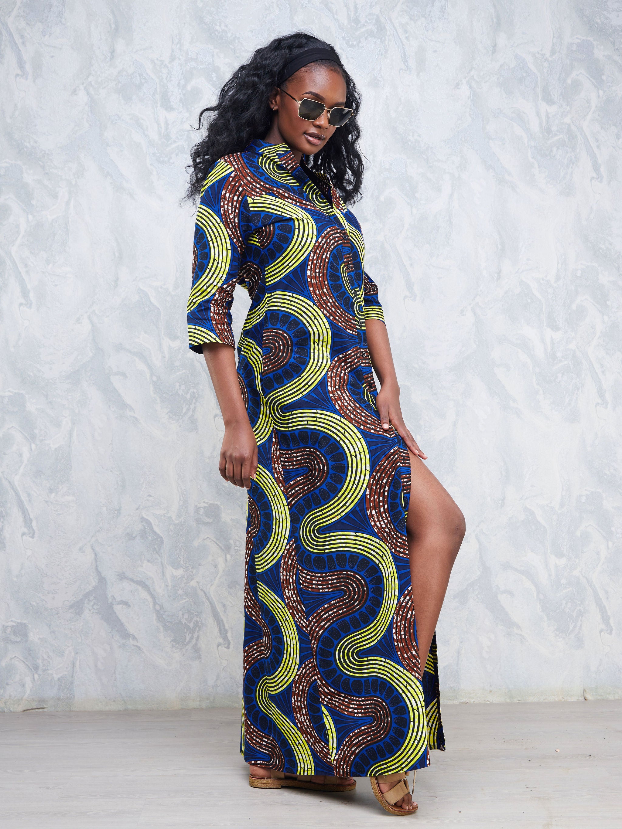 Safari Nimali 3/4 Sleeve Maxi Dress - Blue / Yellow Ankara Print