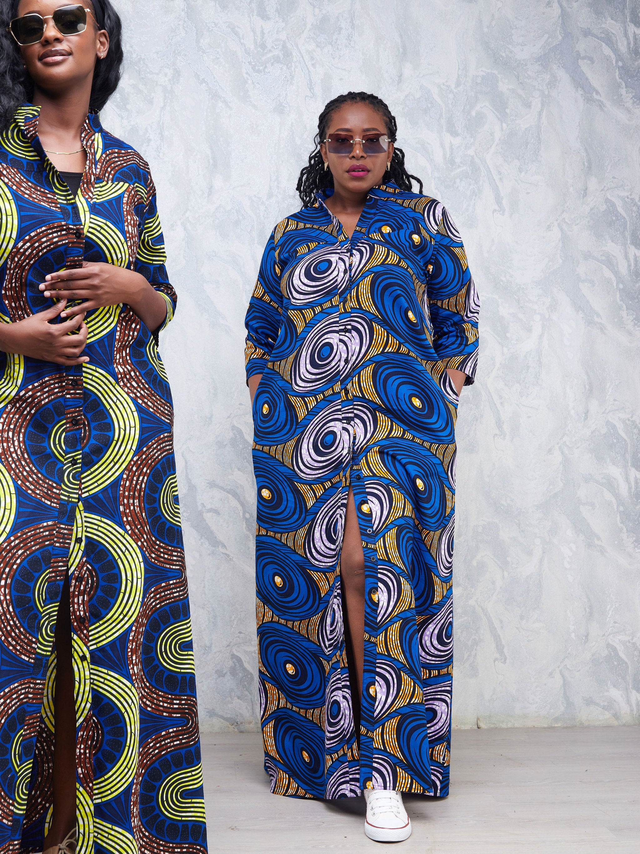 Safari Nimali 3/4 Sleeve Maxi Dress - Purple / Blue Ankara Print