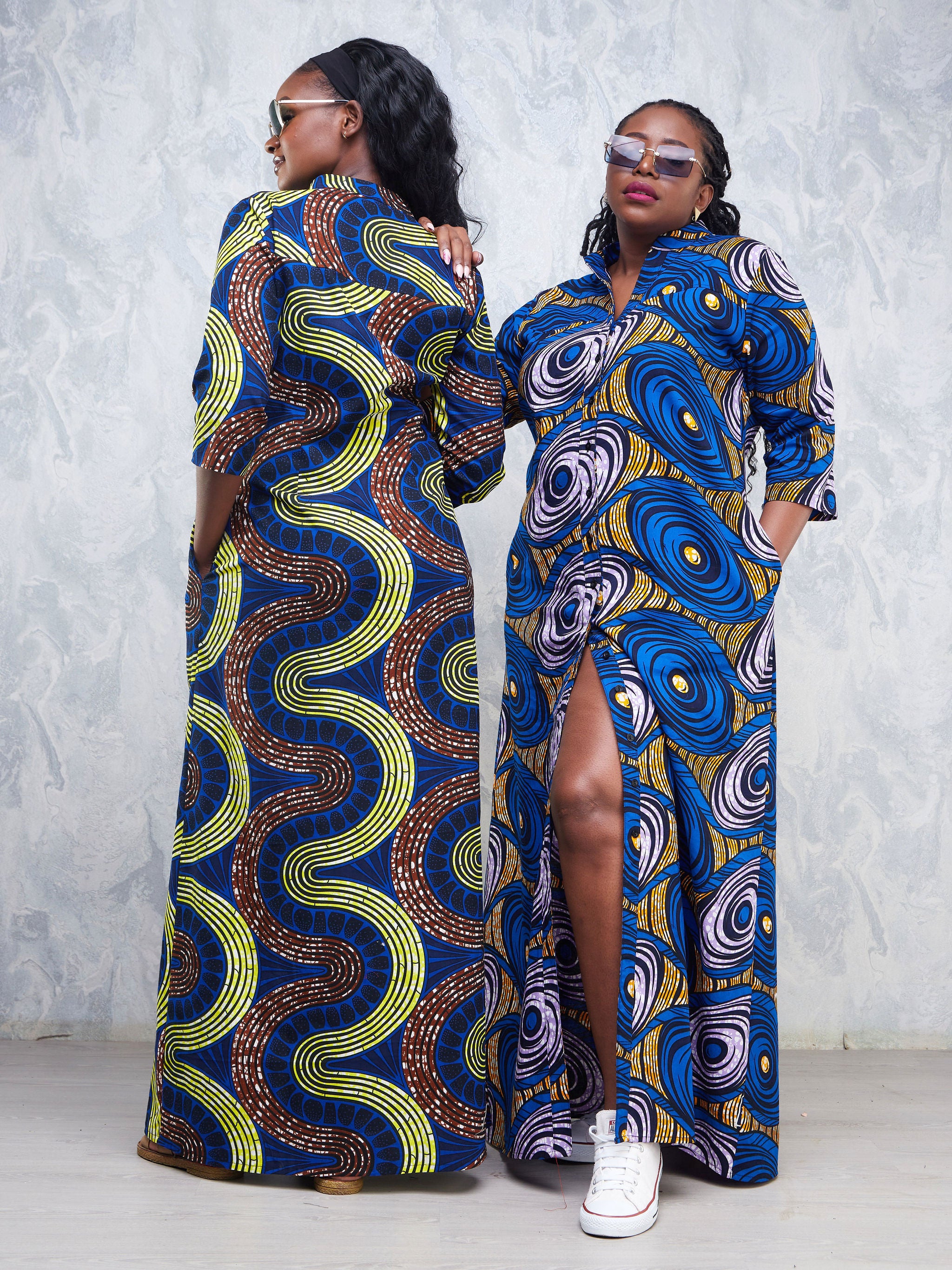 Safari Nimali 3/4 Sleeve Maxi Dress - Purple / Blue Ankara Print