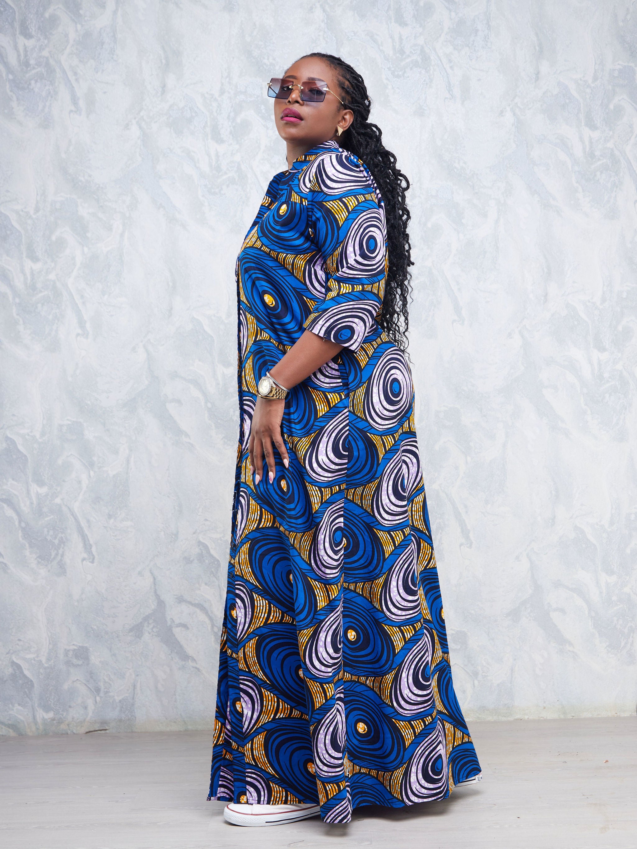 Safari Nimali 3/4 Sleeve Maxi Dress - Purple / Blue Ankara Print