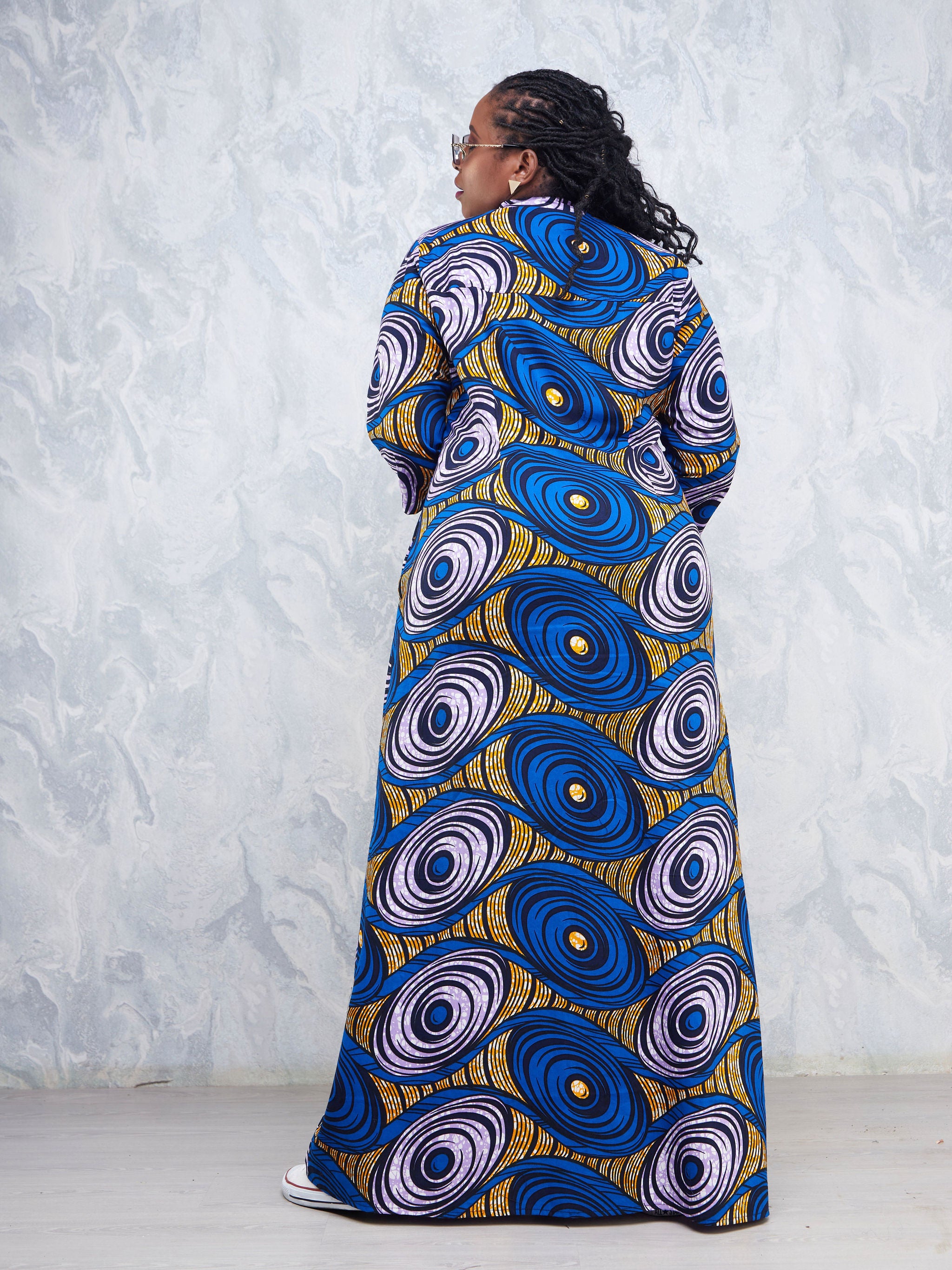 Safari Nimali 3/4 Sleeve Maxi Dress - Purple / Blue Ankara Print